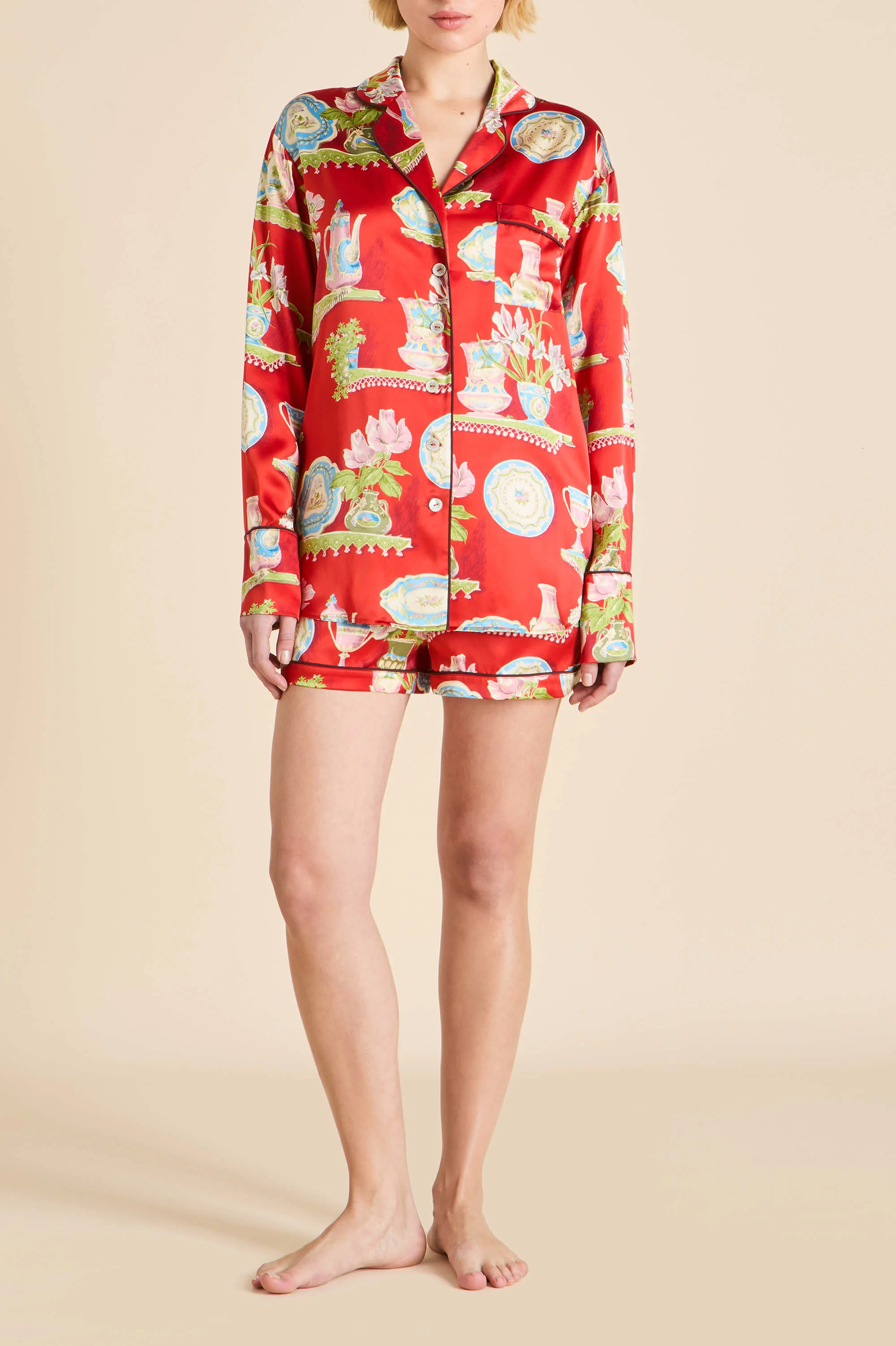 Alba Renata Red Plate Pyjamas in Silk Satin
