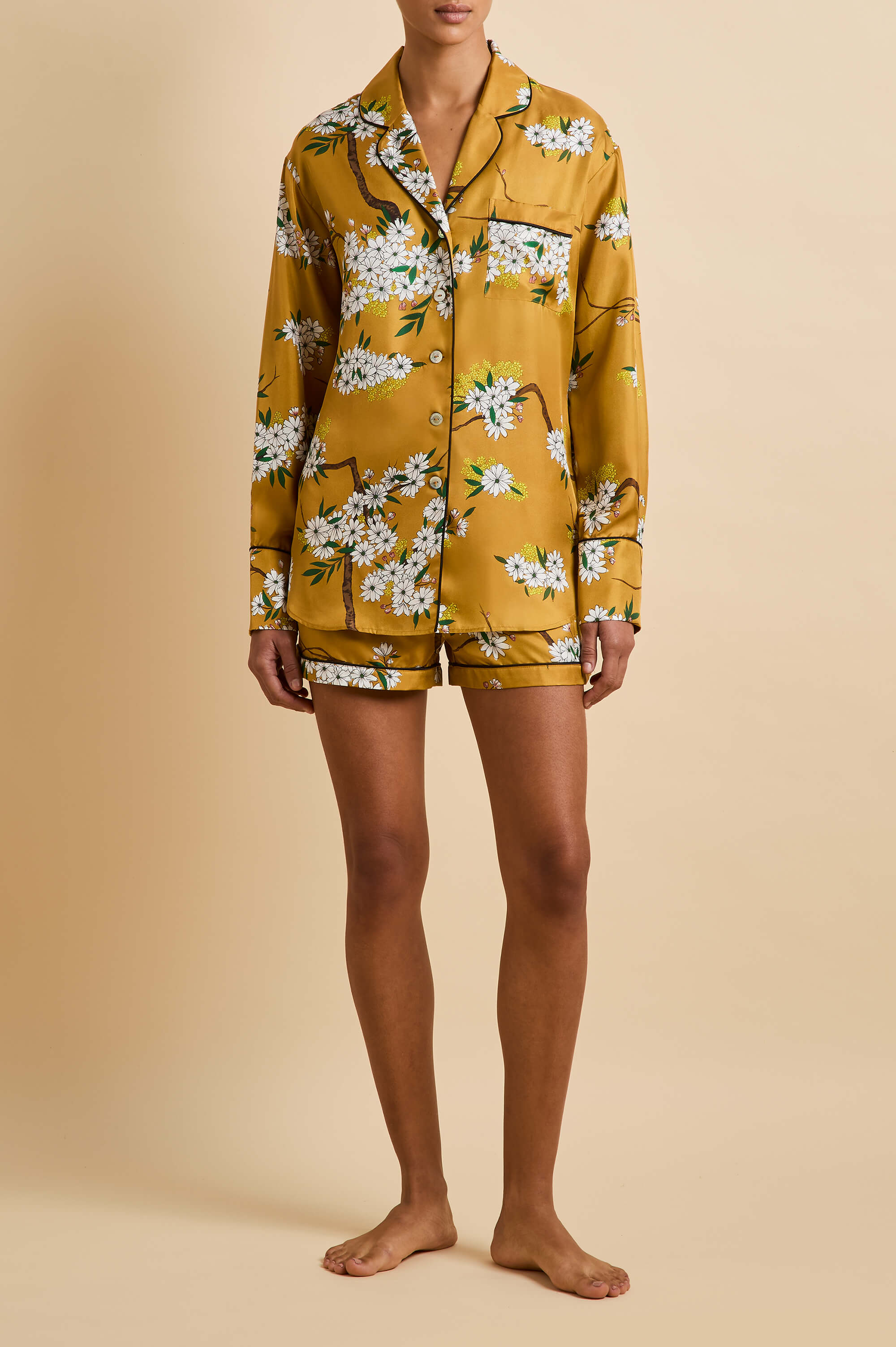 Alba Carmena Yellow Blossom Pyjamas in Silk Twill