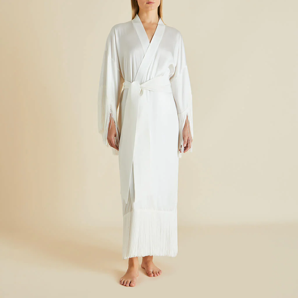 Amina Ivory Fringed Robe in Silk Satin - Image 2