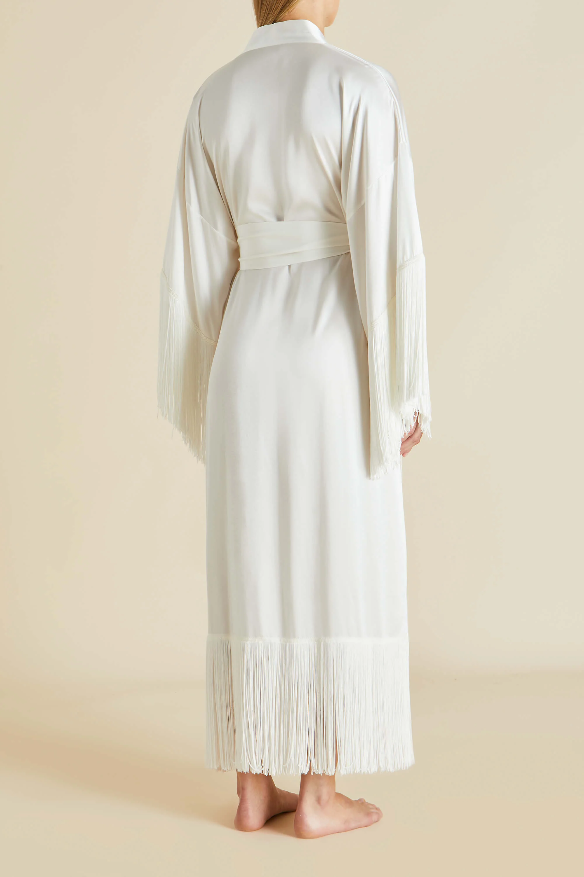 Amina Ivory Fringed Robe in Silk Satin - Image 3