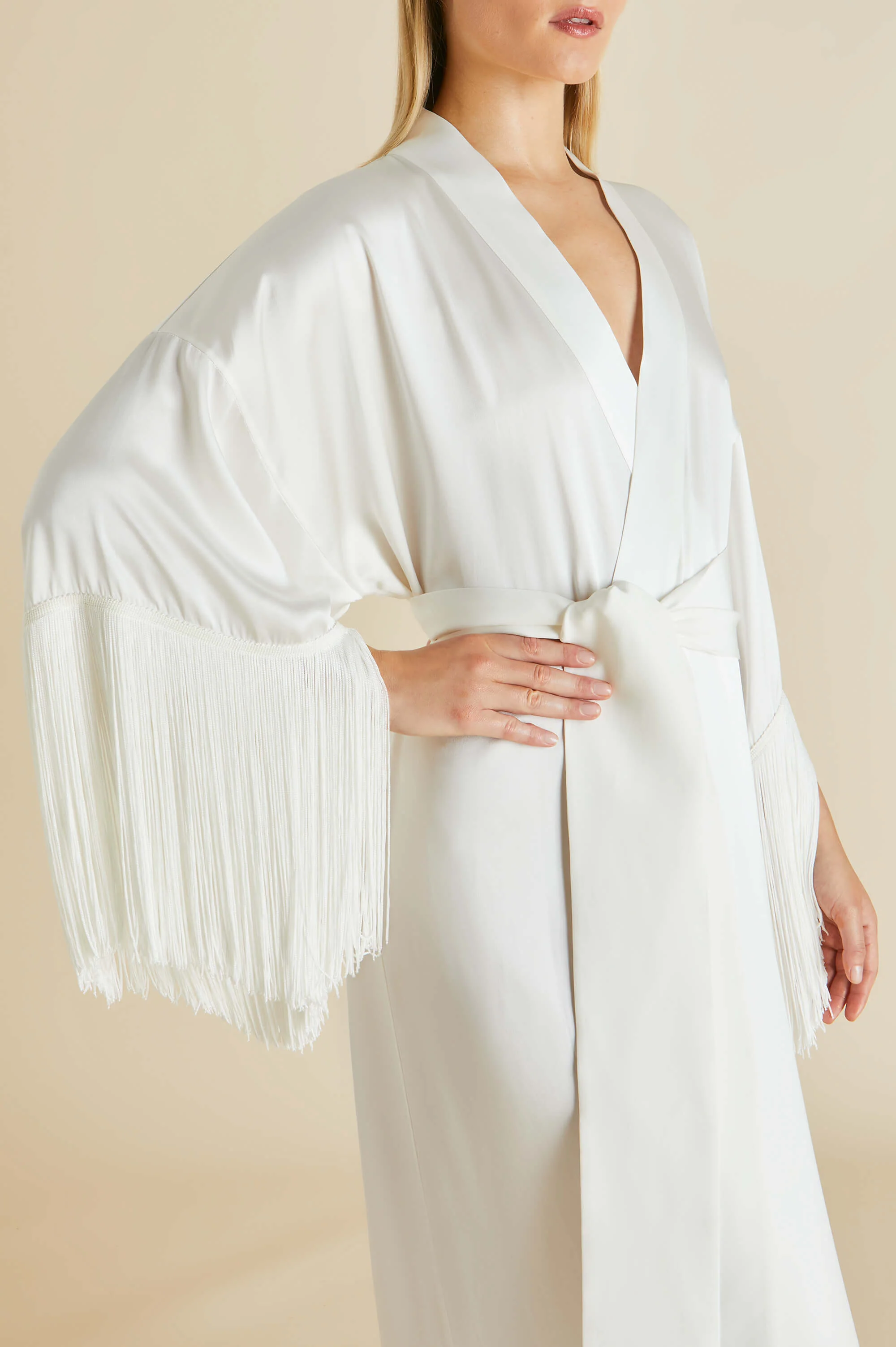 Amina Ivory Fringed Robe in Silk Satin - Image 4