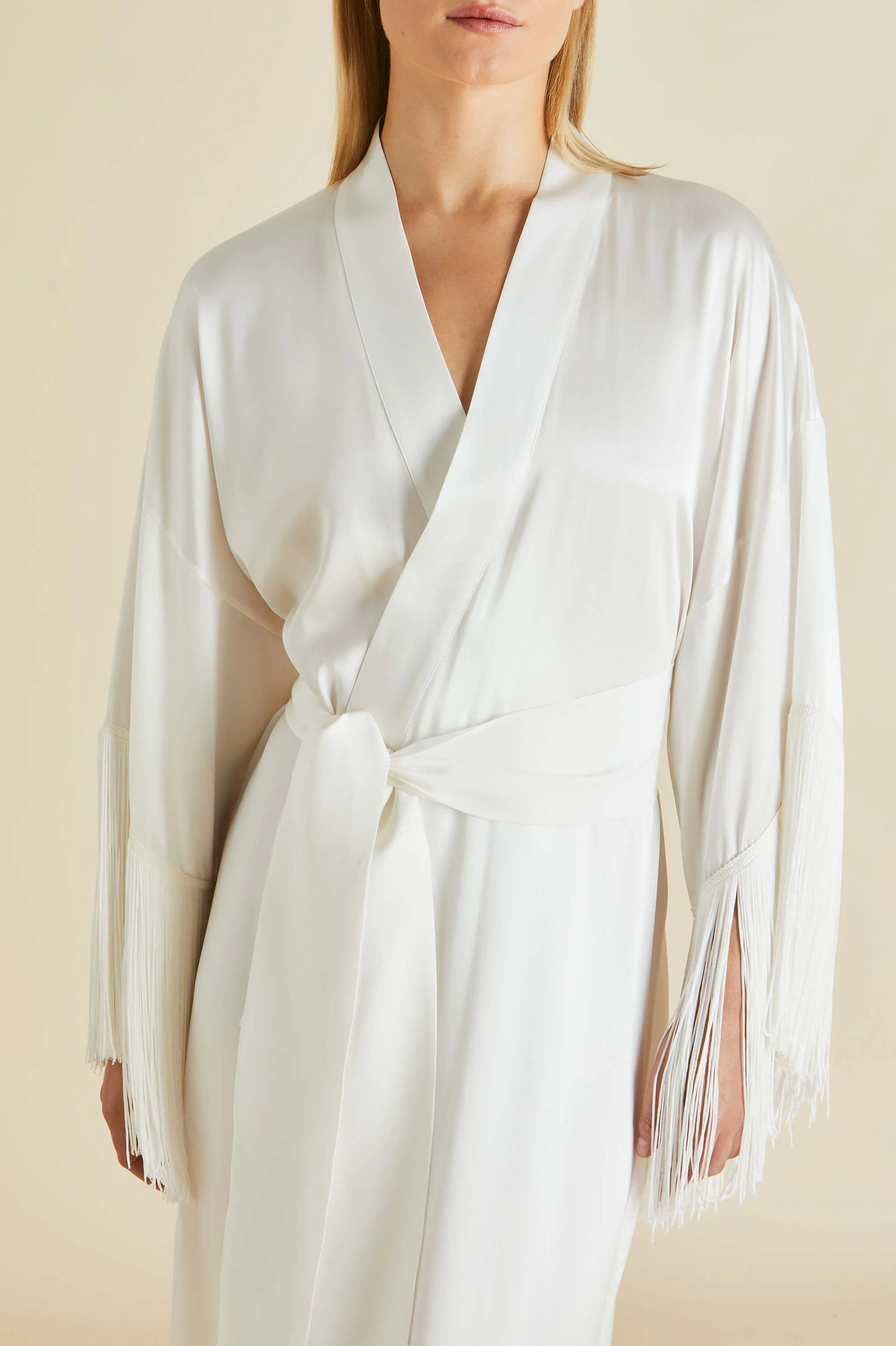 Amina Ivory Fringed Robe in Silk Satin - Image 5