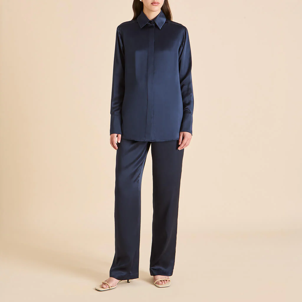 Bacall Navy Pyjamas in Silk Satin - Image 2