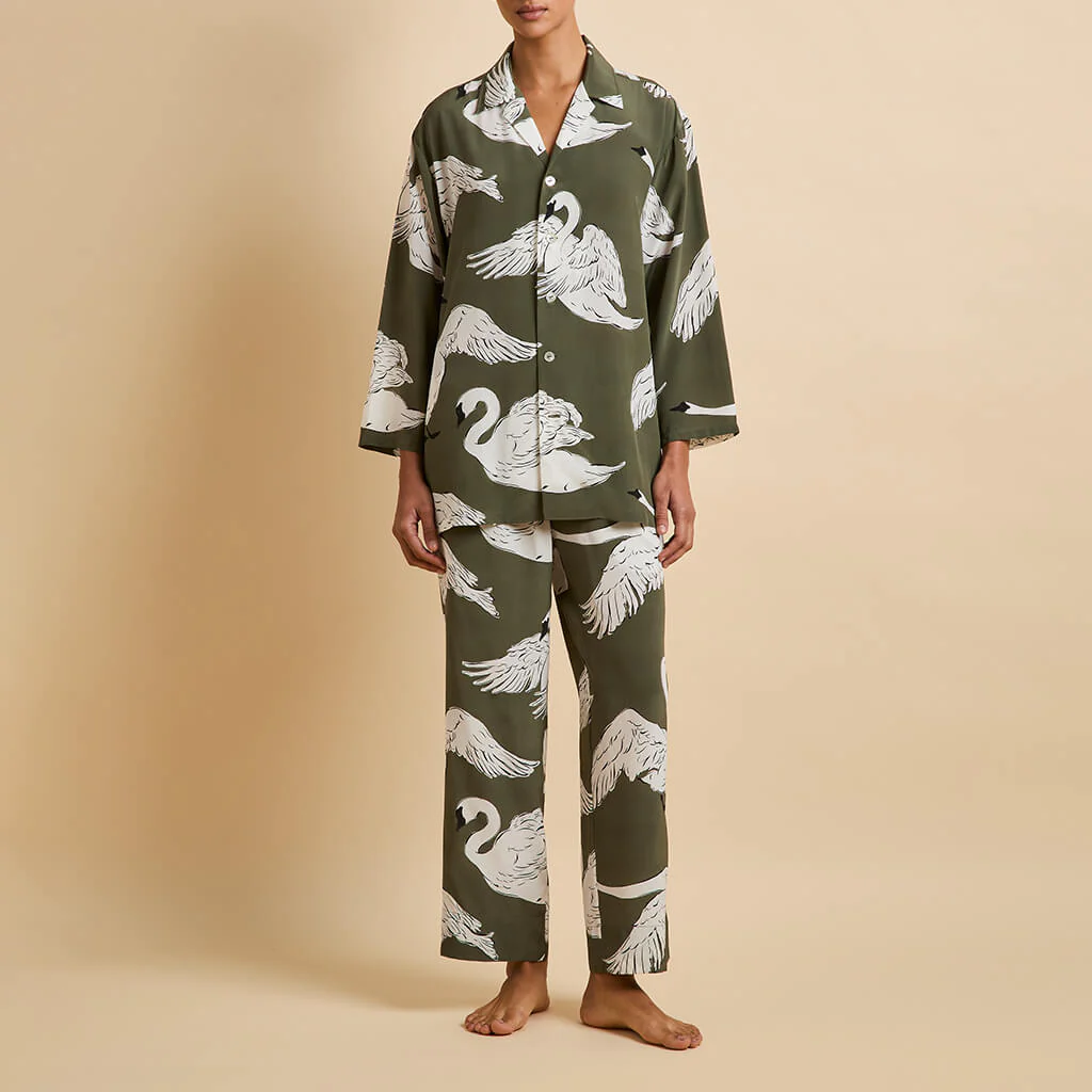 Casablanca Riba Green Swan Pyjamas in Silk Crêpe de Chine - Image 2