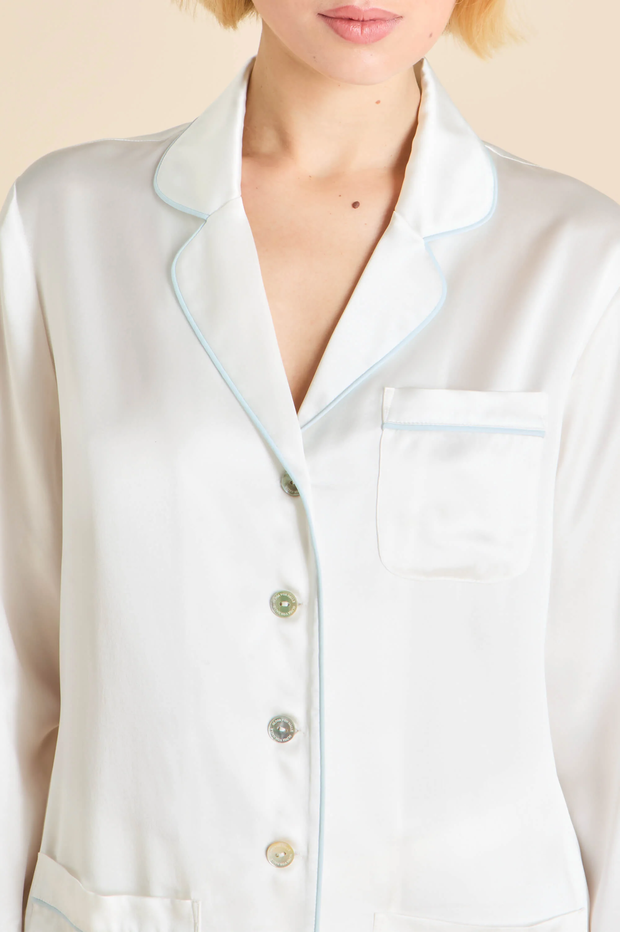 Coco Ivory Powder Blue Pyjamas in Silk Satin - Image 3