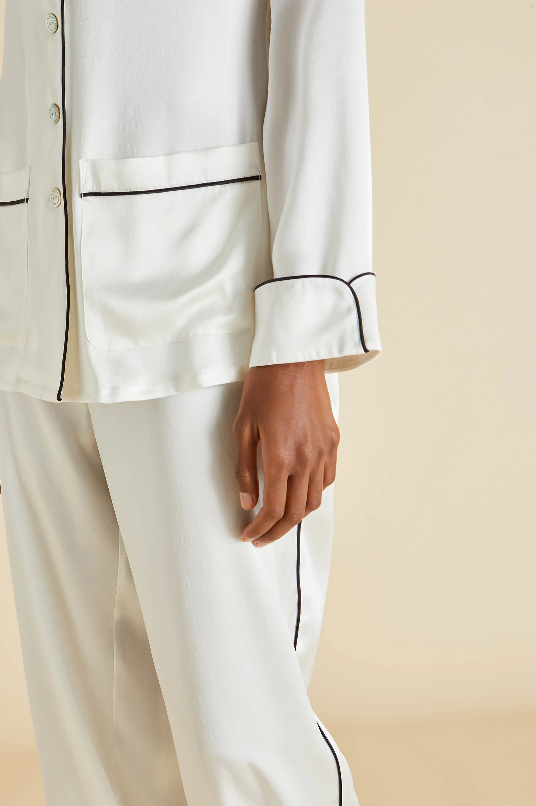 Coco Ivory Jet Black Pyjamas in Silk Satin - Image 5