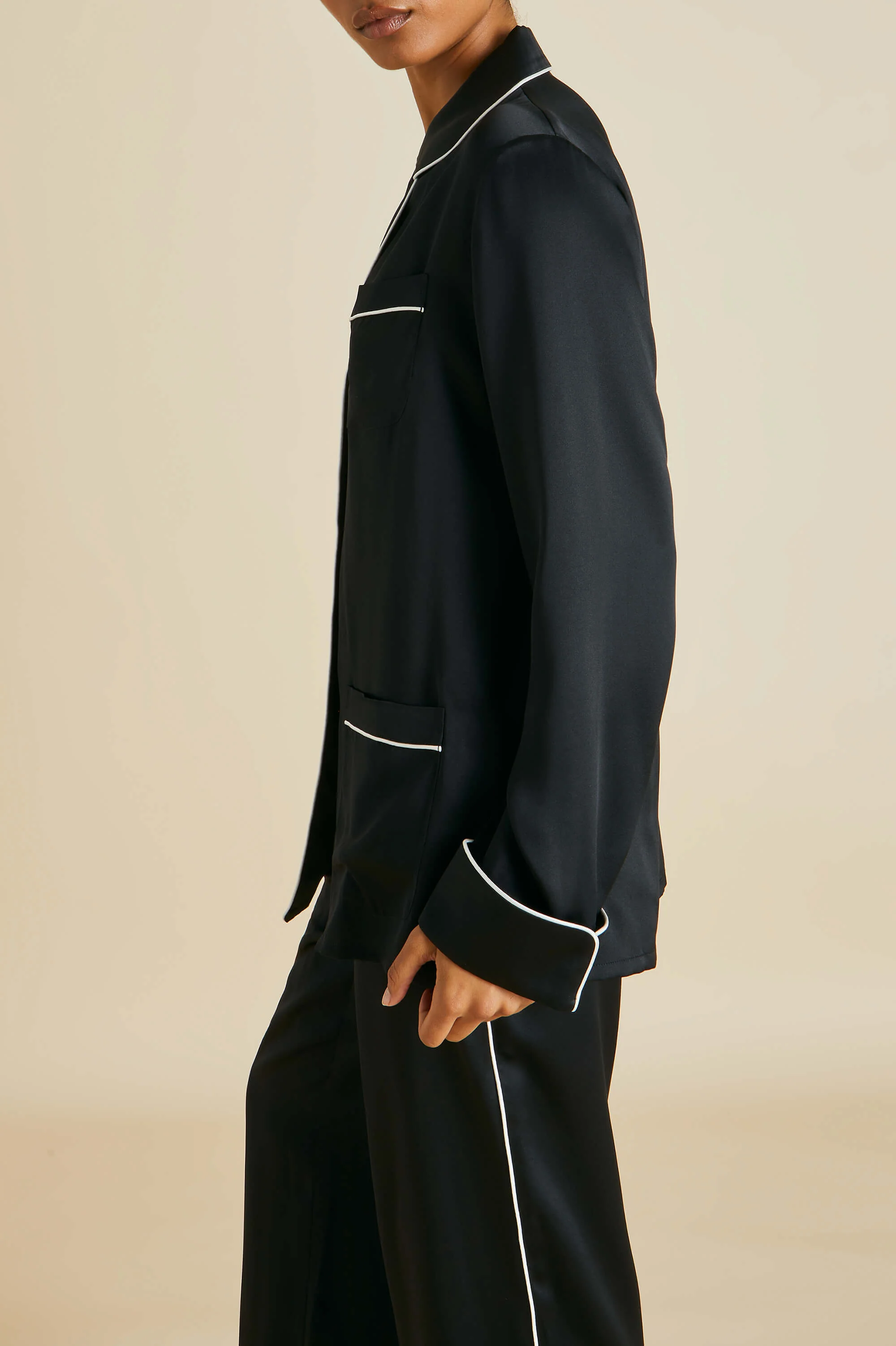 Coco Jet Black Pyjamas in Silk Satin - Image 4