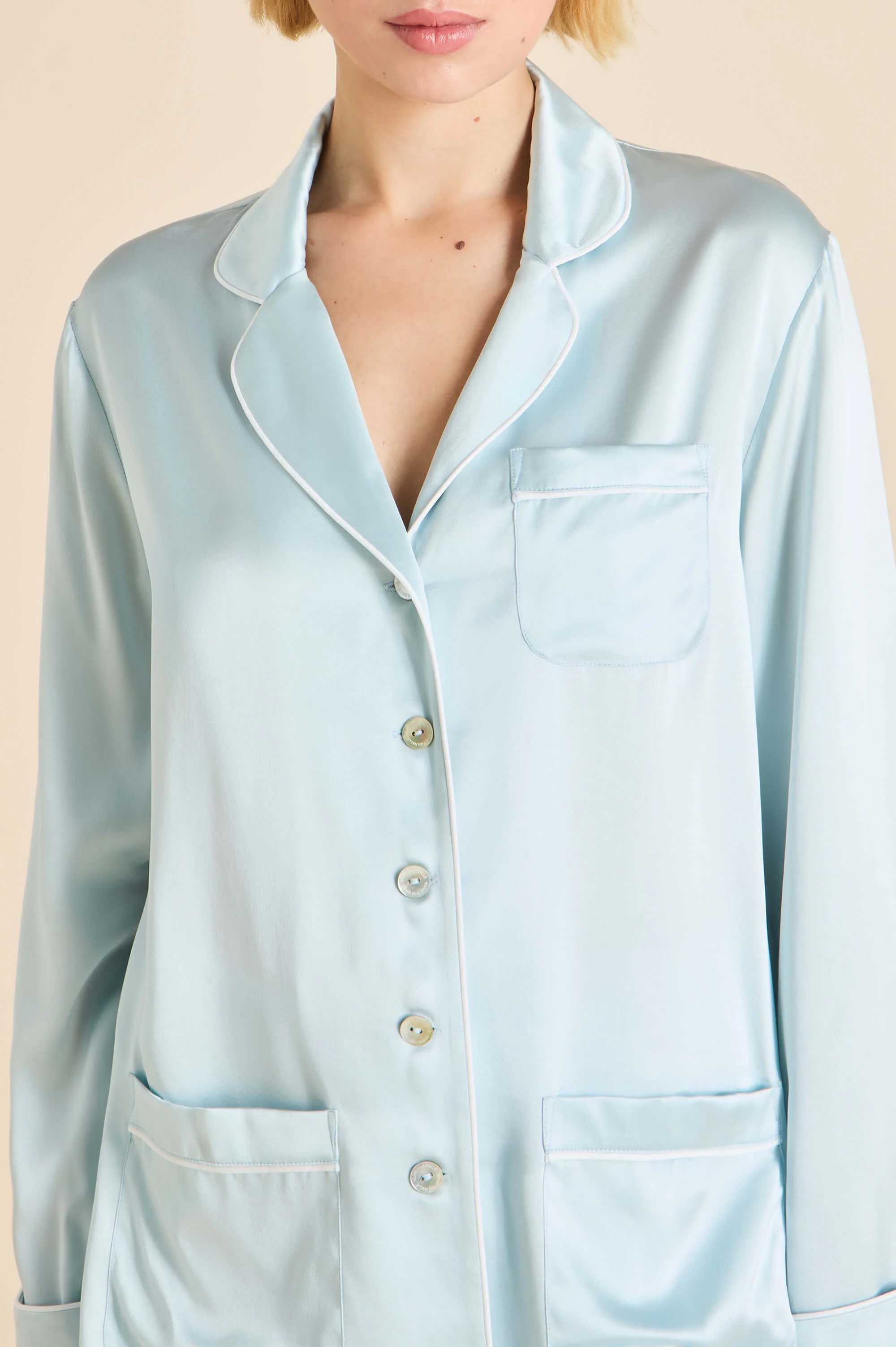 Coco Powder Blue Ivory Pyjamas in Silk Satin - Image 3