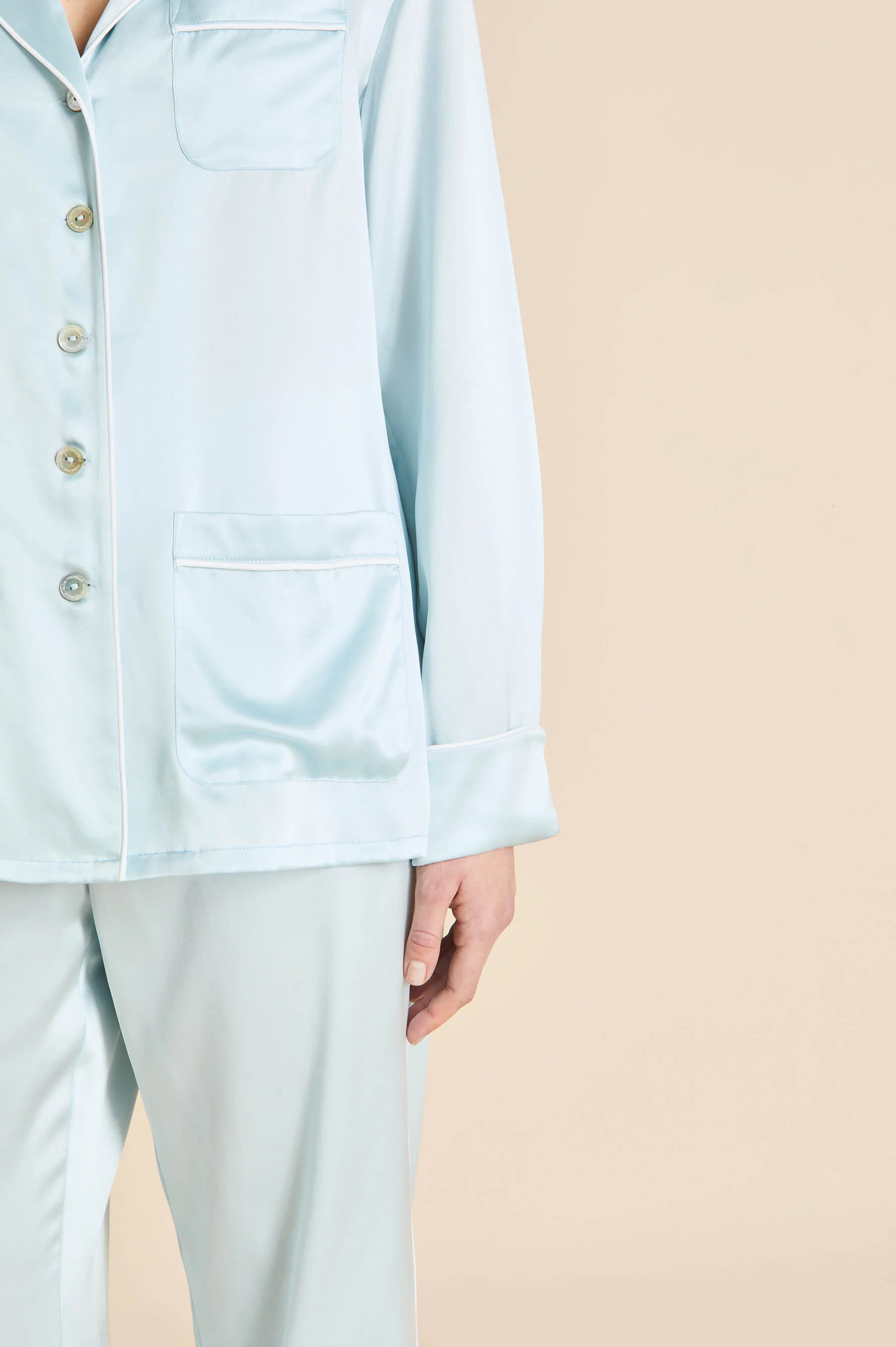Coco Powder Blue Ivory Pyjamas in Silk Satin - Image 4