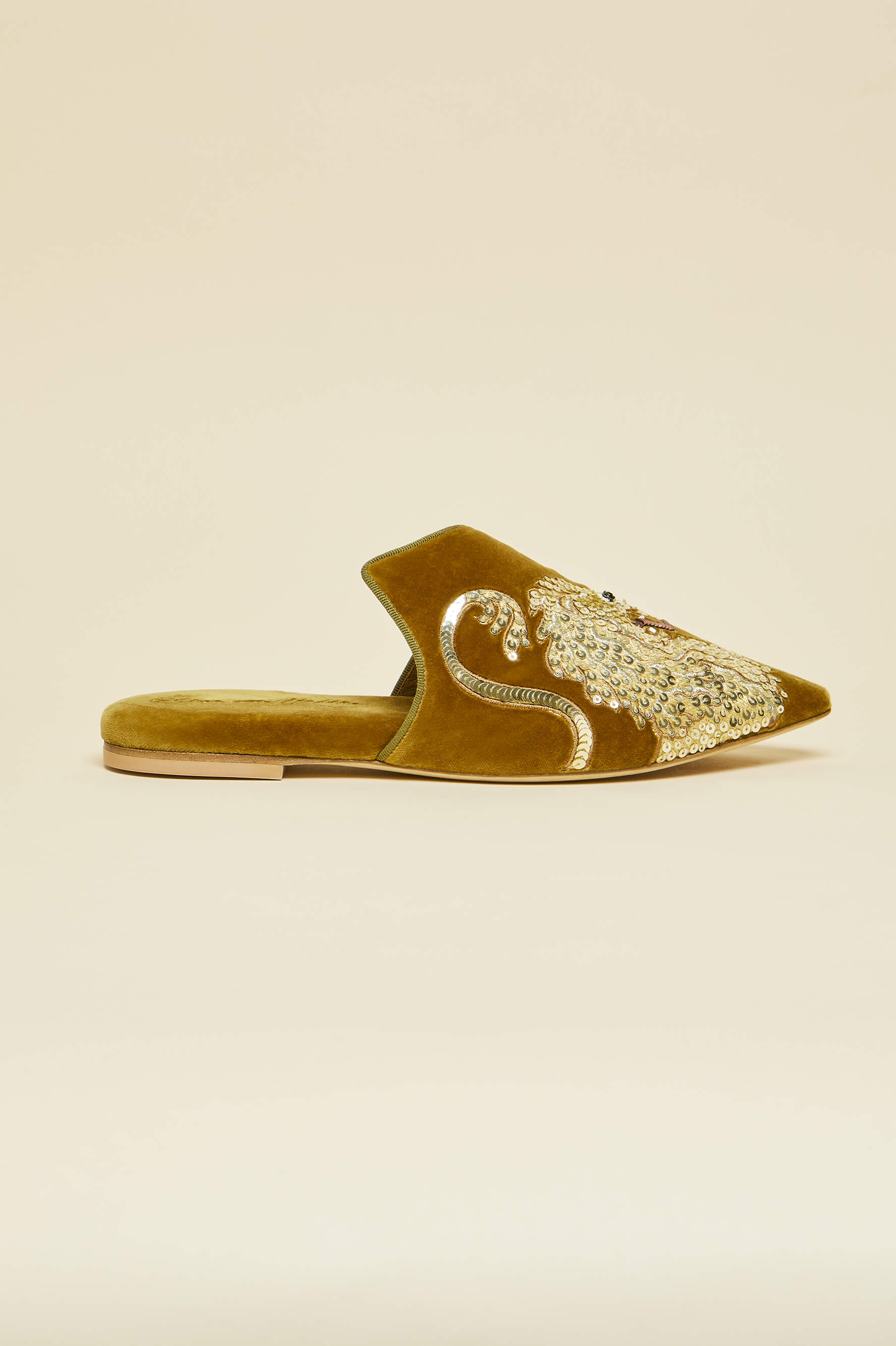 Contessa August Gold Embellished Slippers in Silk Velvet
