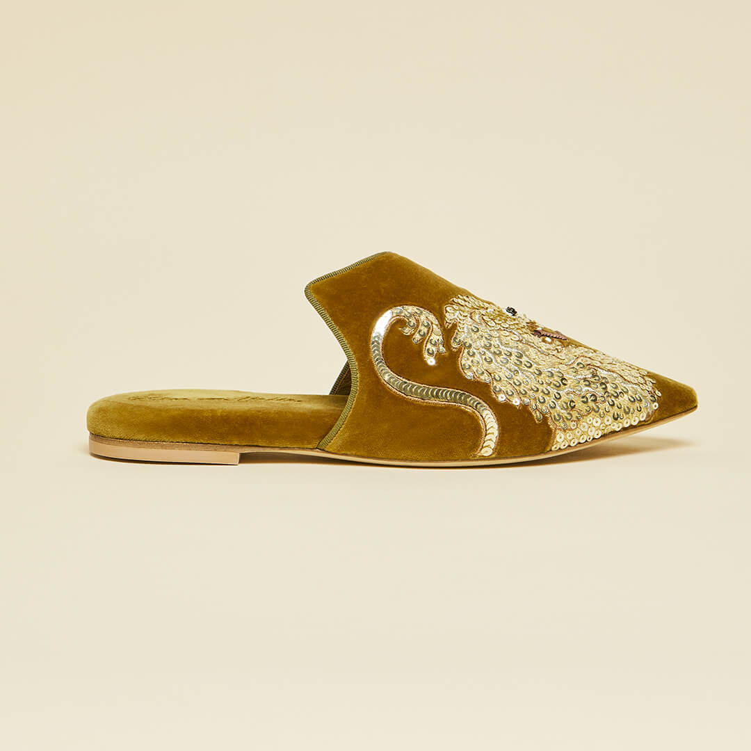 Contessa August Gold Embellished Slippers in Silk Velvet - Image 2