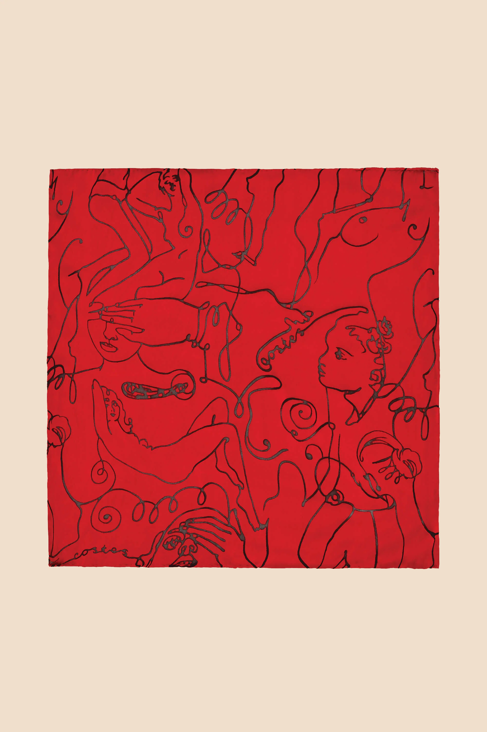 Deneuve Liaisons Red Figures Scarf in Silk Satin