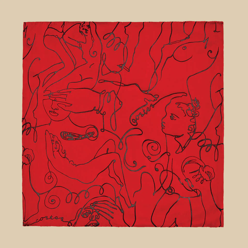 Deneuve Liaisons Red Figures Scarf in Silk Satin - Image 2