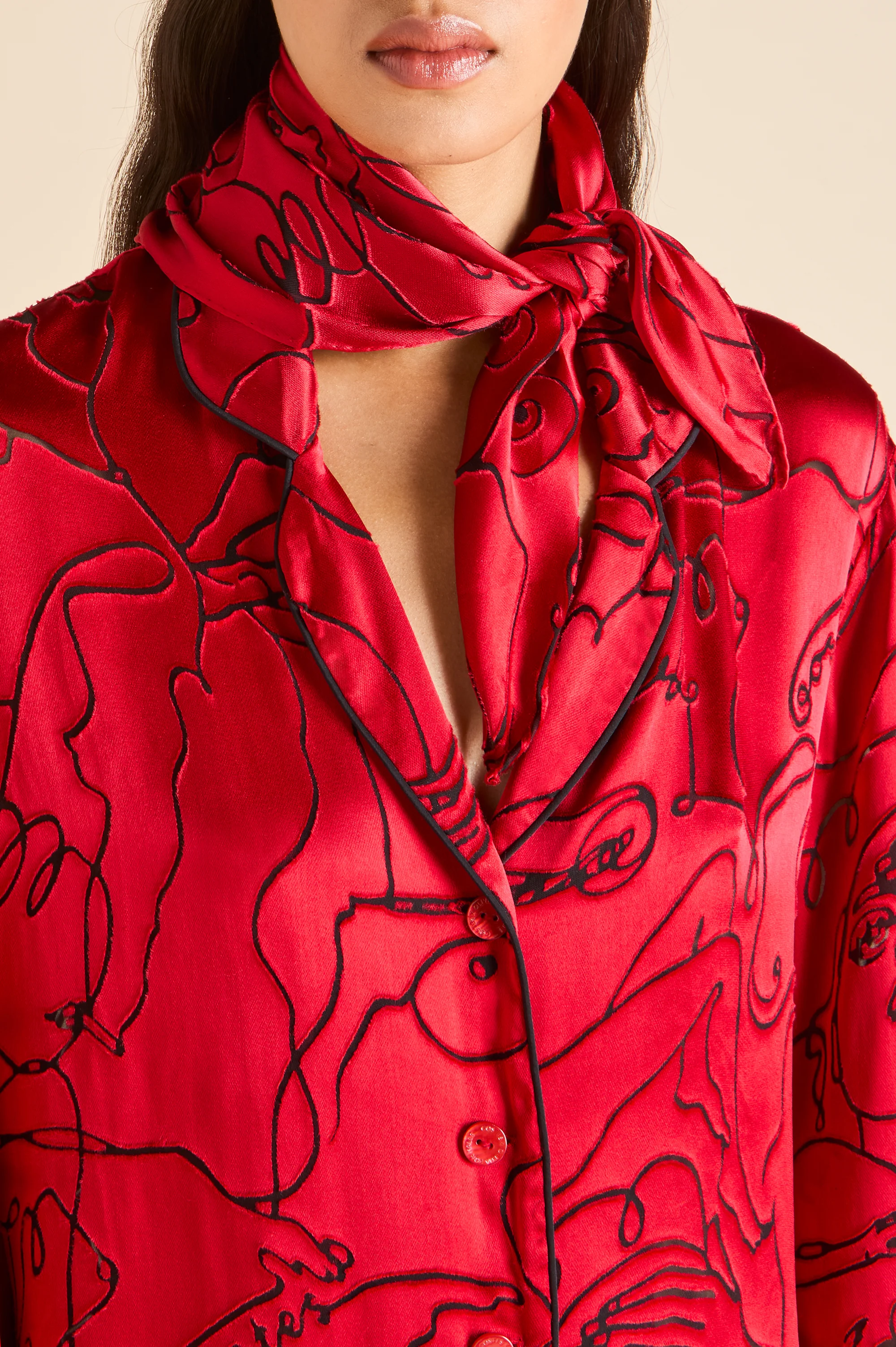 Deneuve Liaisons Red Figures Scarf in Silk Satin - Image 3