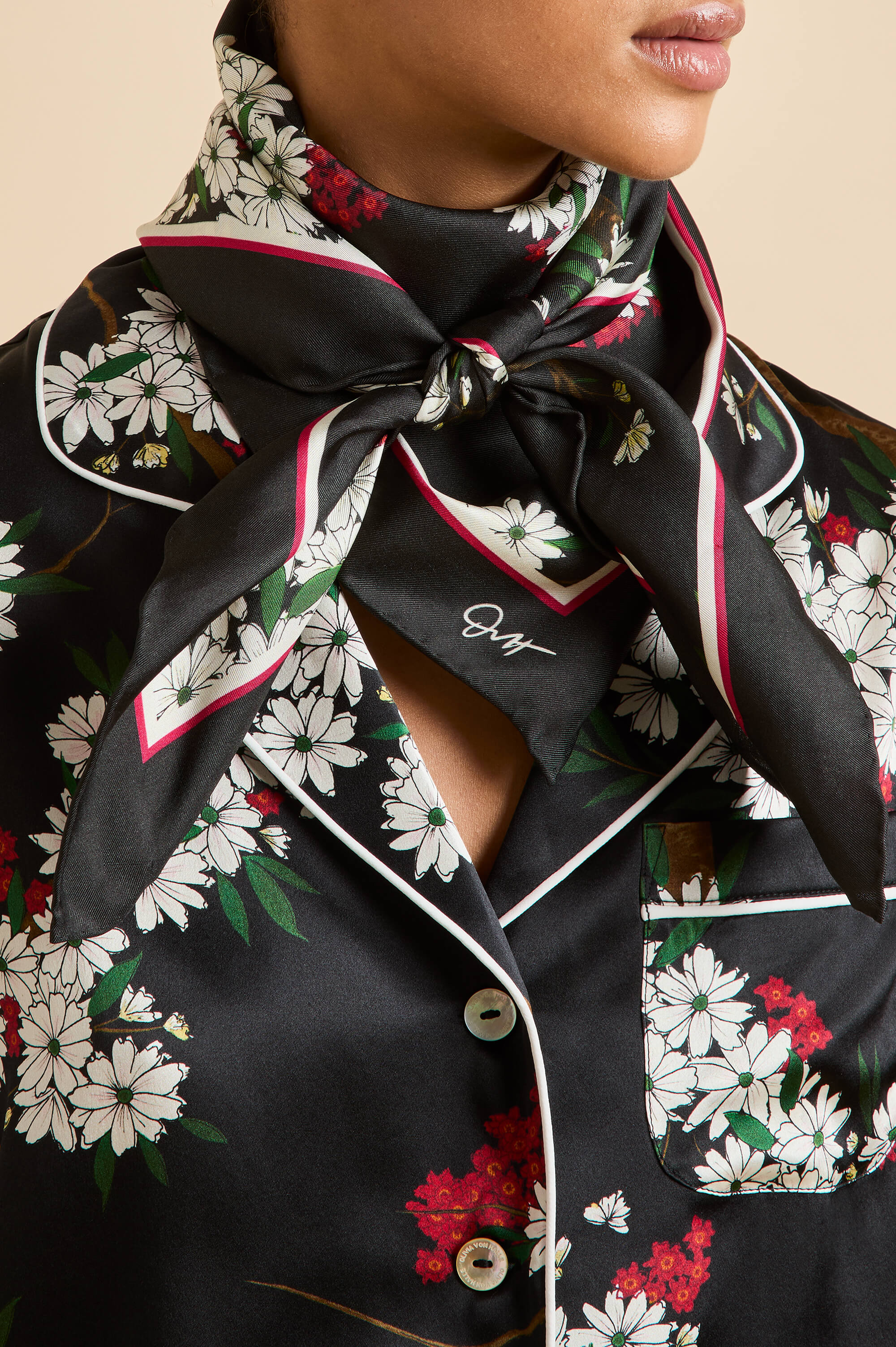 Dunaway René Black Blossom Scarf in Silk Twill