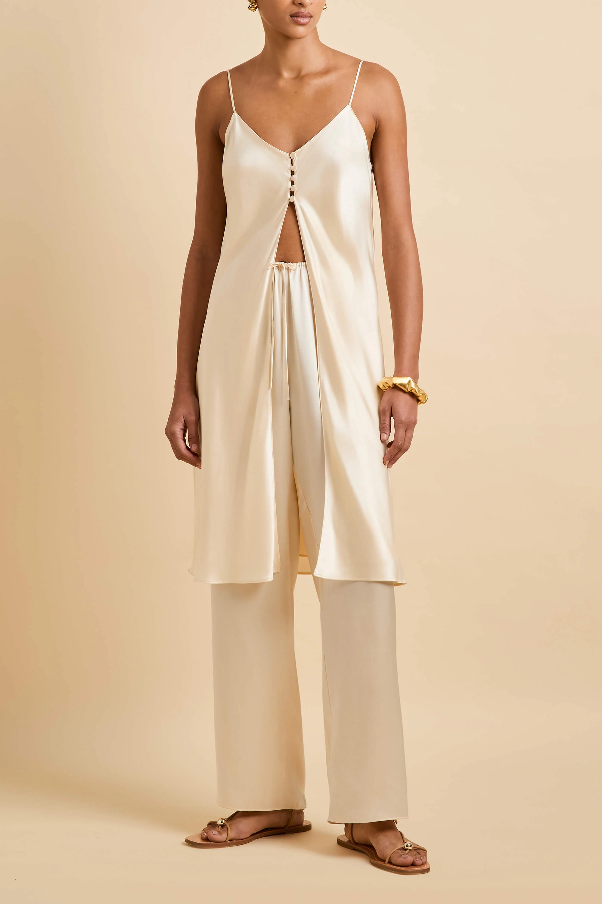 Elvira Bone Cream Camisole Set in Silk Satin