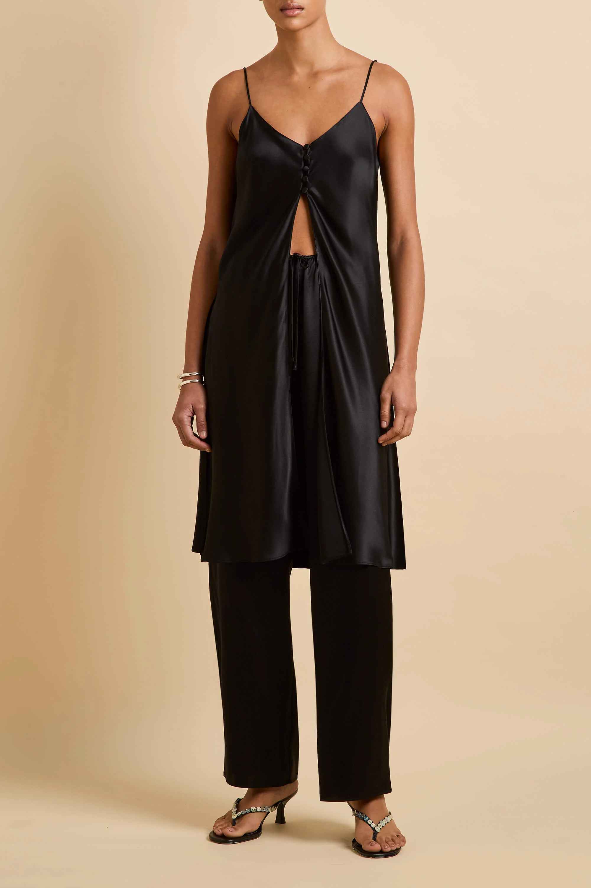 Elvira Jet Black Camisole Set in Silk Satin