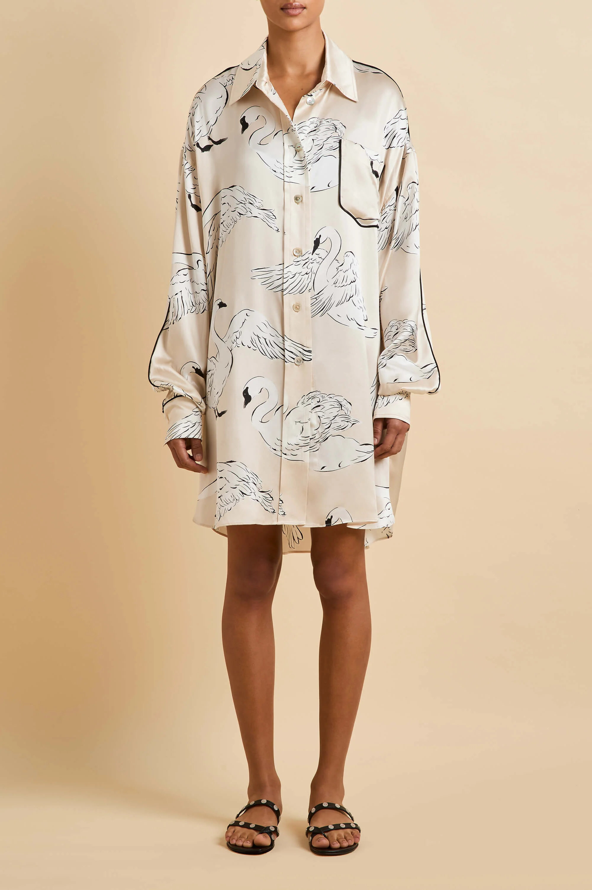 Felipa Blanca Cream Swan Nightshirt in Silk Satin