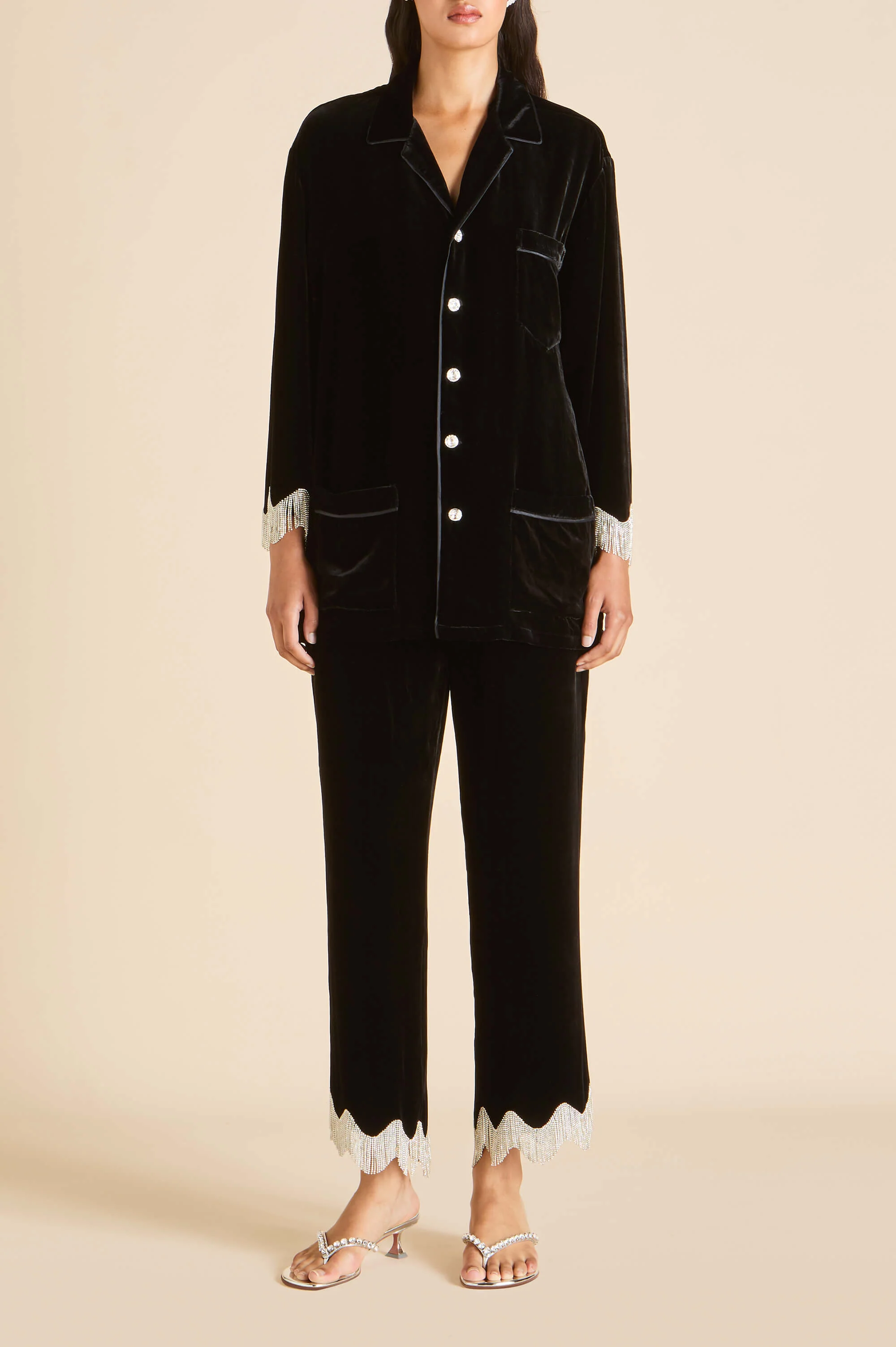Fifi Valentina Black Crystal Fringe Pyjamas in Silk Velvet