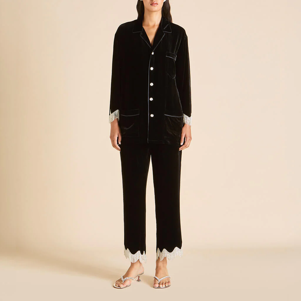 Fifi Valentina Black Crystal Fringe Pyjamas in Silk Velvet - Image 2