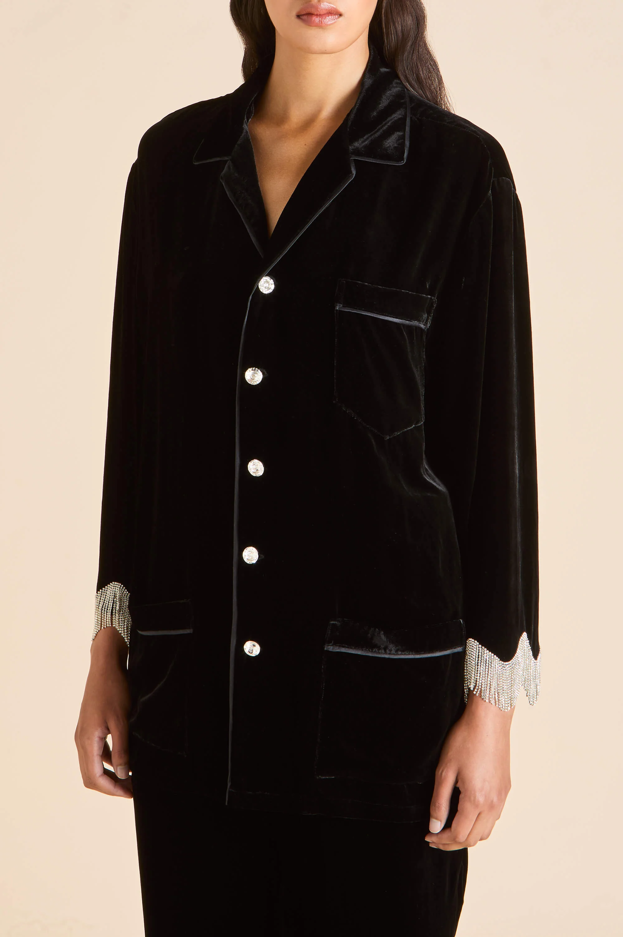 Fifi Valentina Black Crystal Fringe Pyjamas in Silk Velvet - Image 3