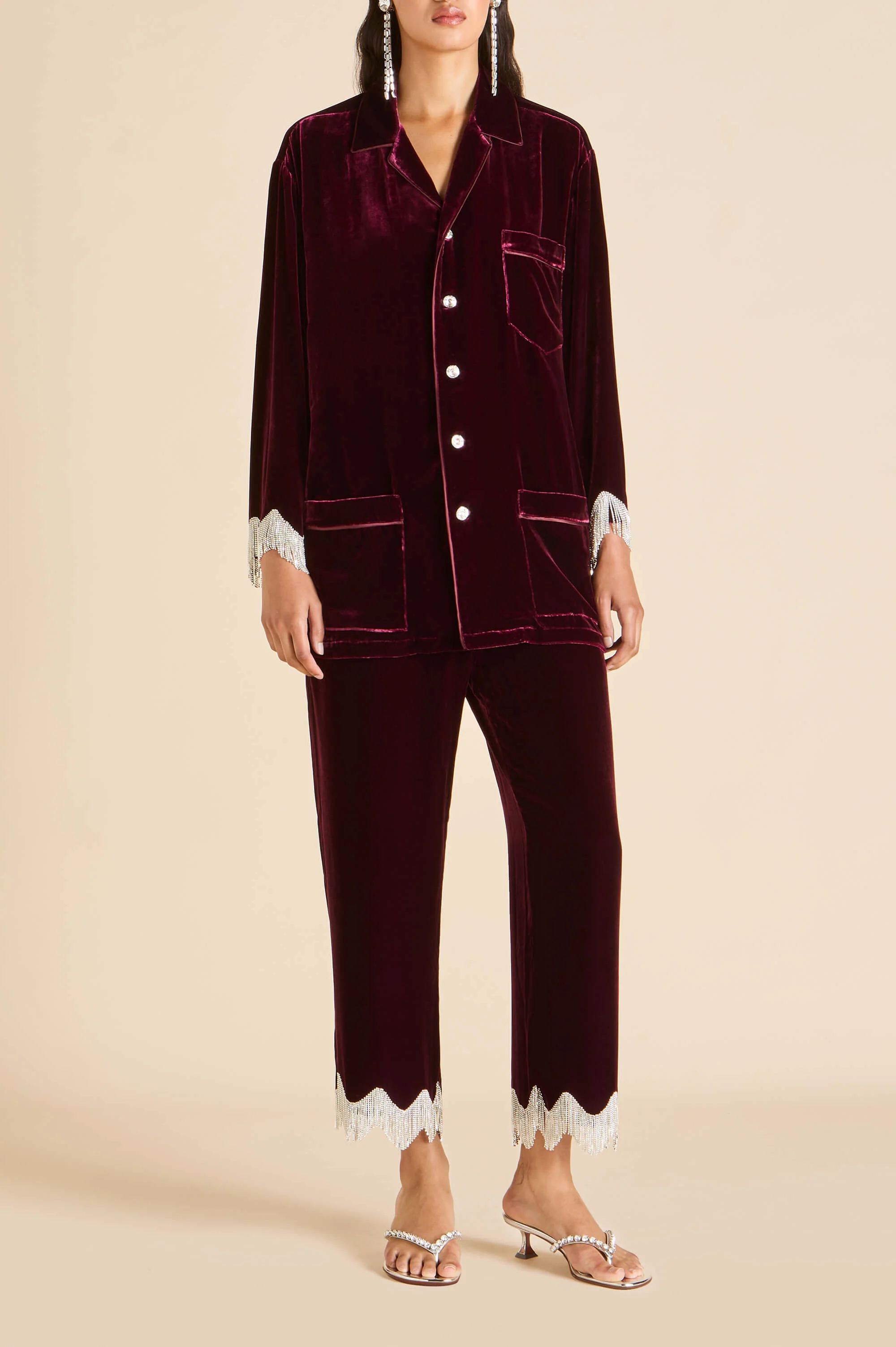 Fifi Victoria Red Crystal Fringe Pyjamas in Silk Velvet
