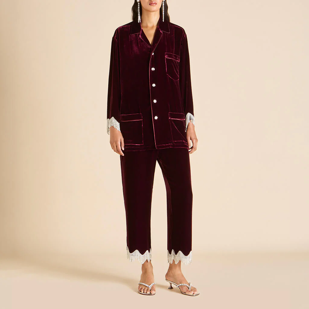 Fifi Victoria Red Crystal Fringe Pyjamas in Silk Velvet - Image 2