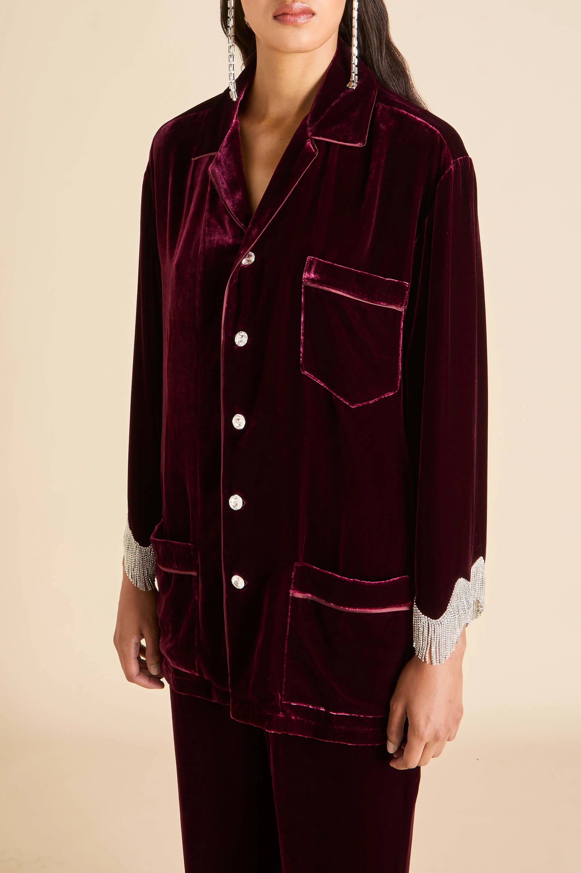 Fifi Victoria Red Crystal Fringe Pyjamas in Silk Velvet - Image 3
