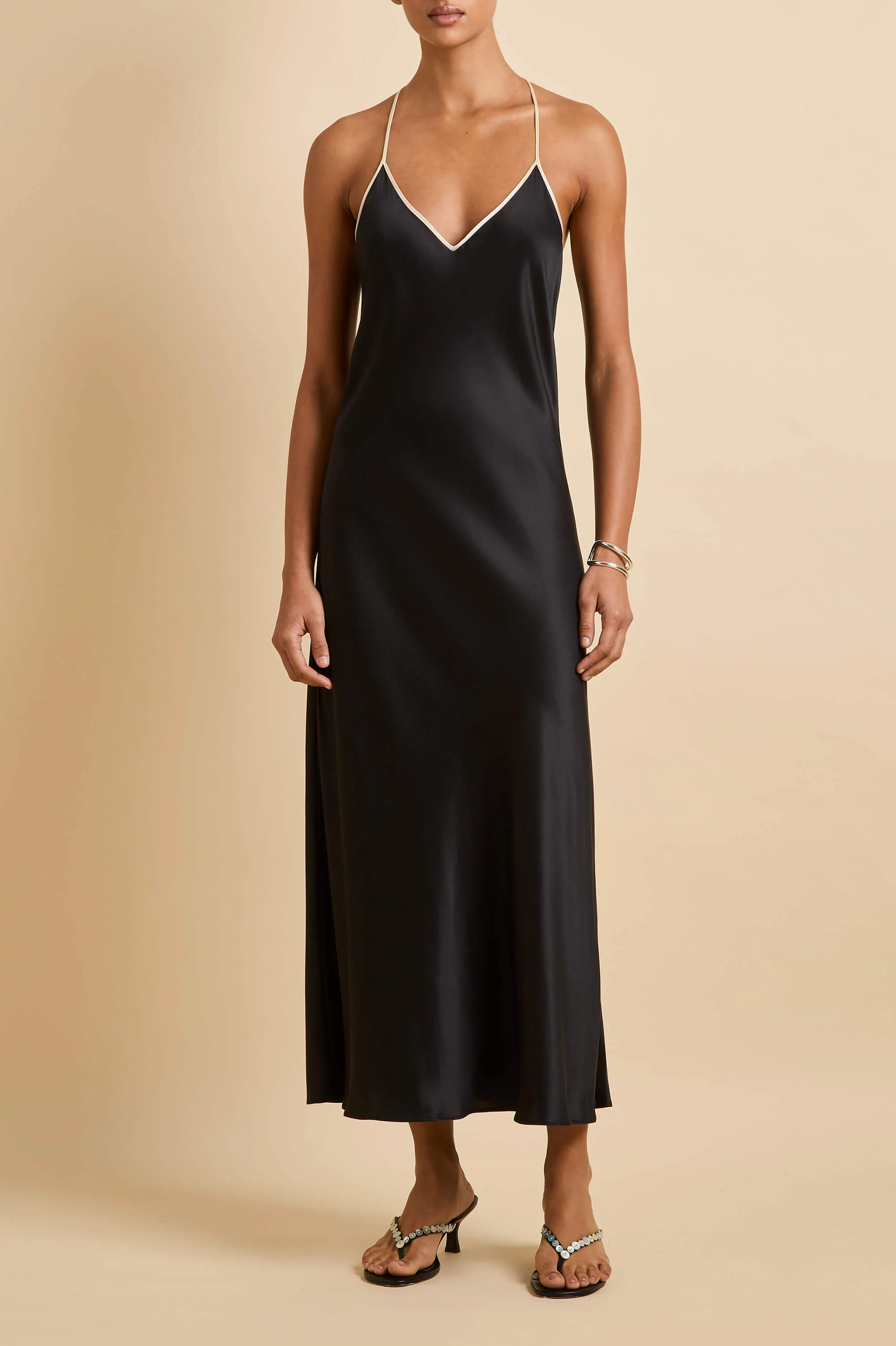 Gala Jet Black Slip Dress in Silk Satin