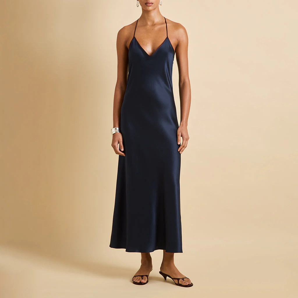 Gala Navy Slip Dress in Silk Satin - Image 2