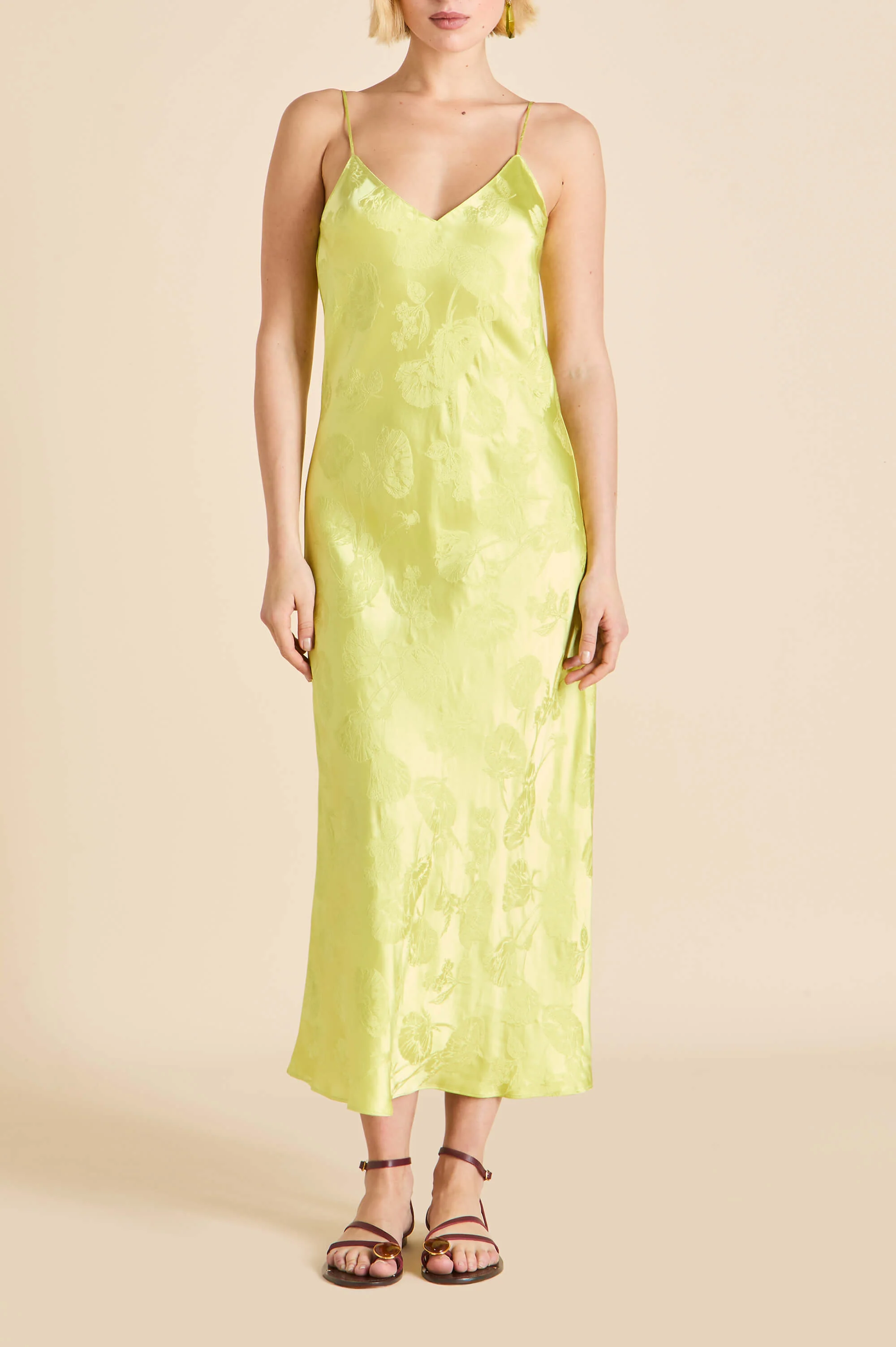 Garbo Ludovica Green Floral Slip Dress in Silk Jacquard