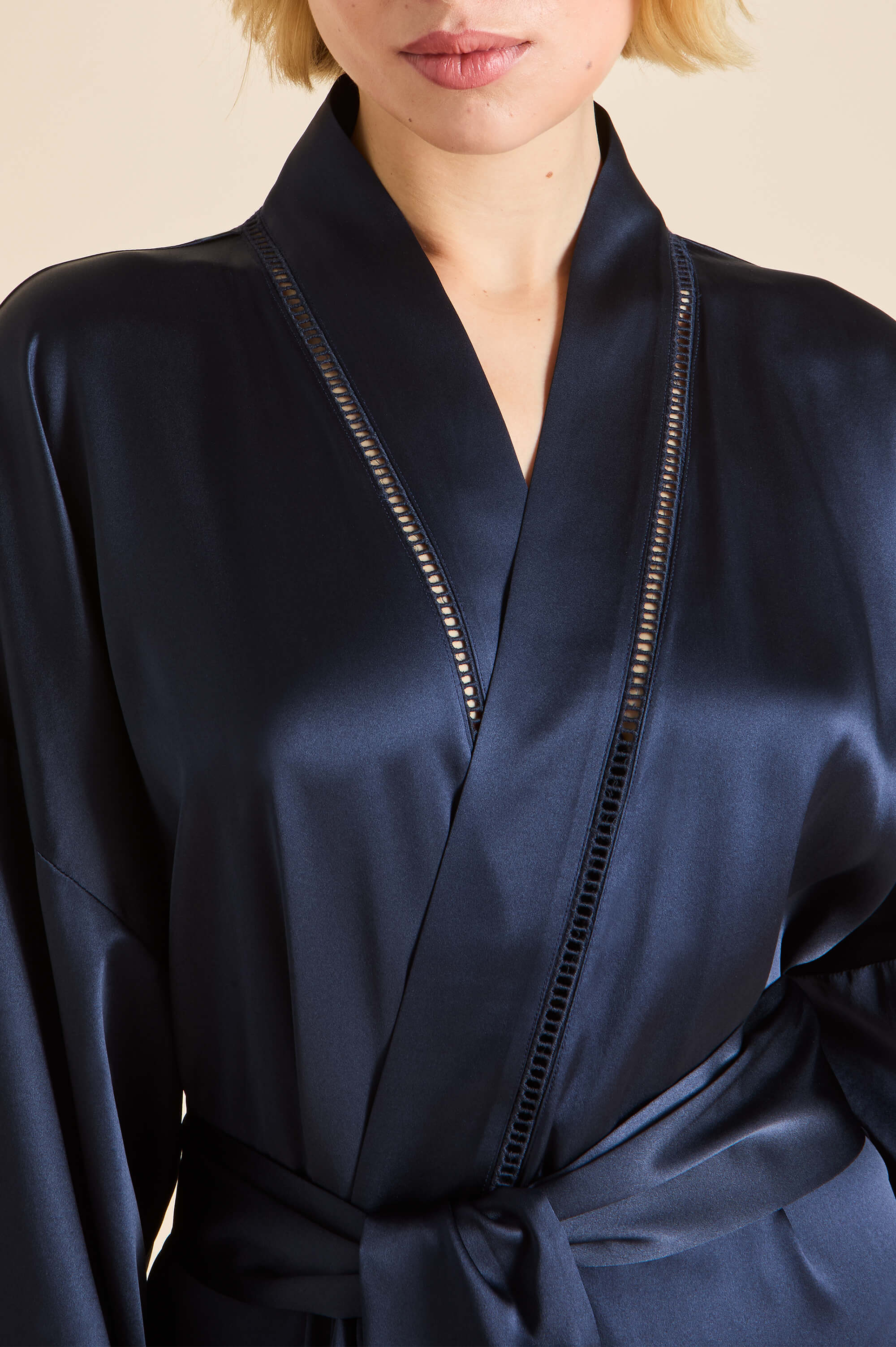 Gloria Navy Robe in Silk Satin - Image 3