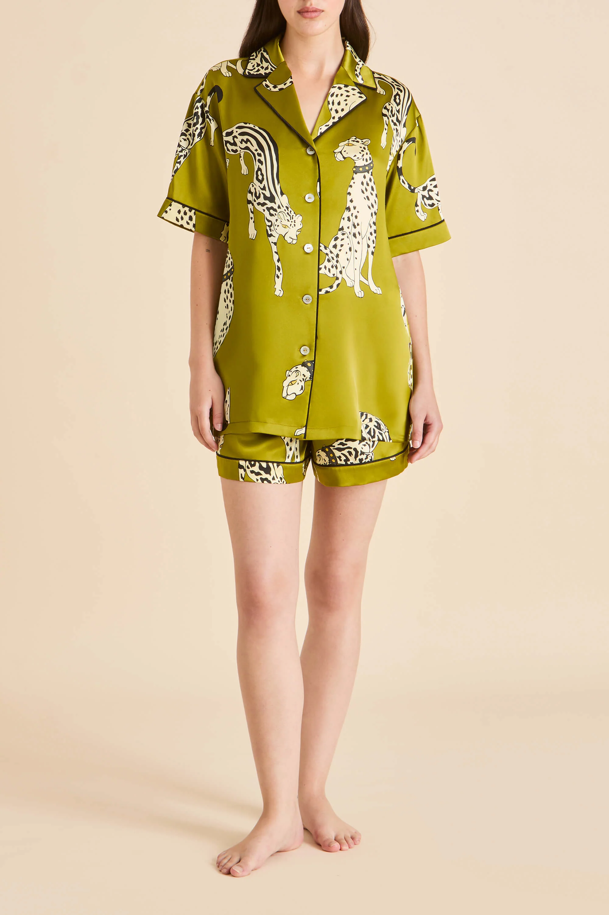 Ingo Chanson Green Leopard Pyjamas in Silk Satin