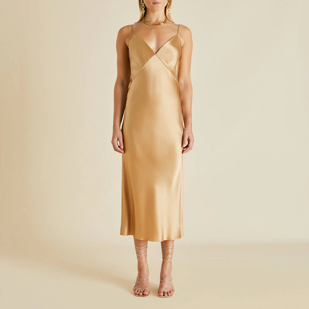 Issa Caramel Slip Dress in Silk Satin - Image 2