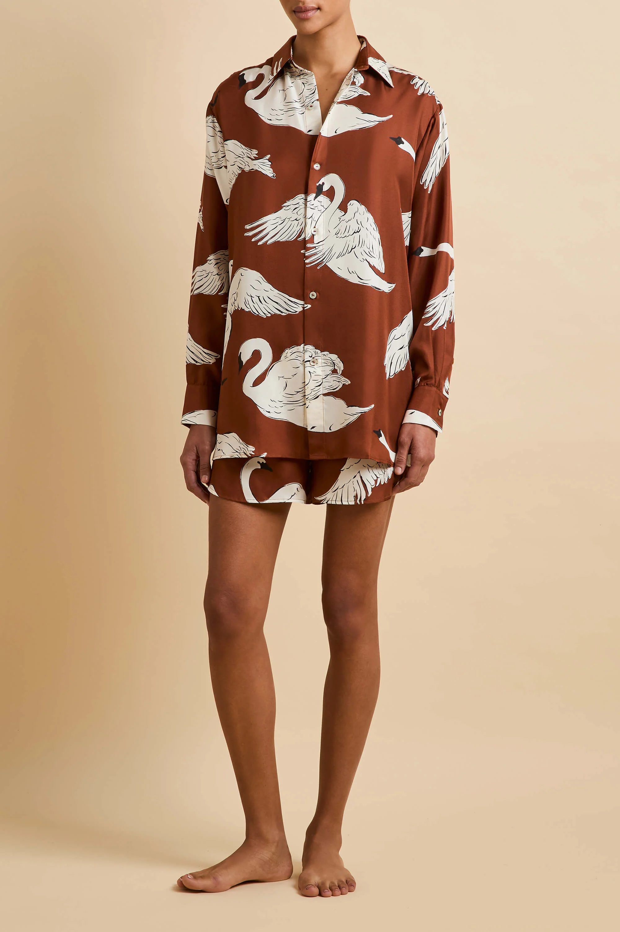 Kick Inés Brown Swan Pyjamas in Silk Twill