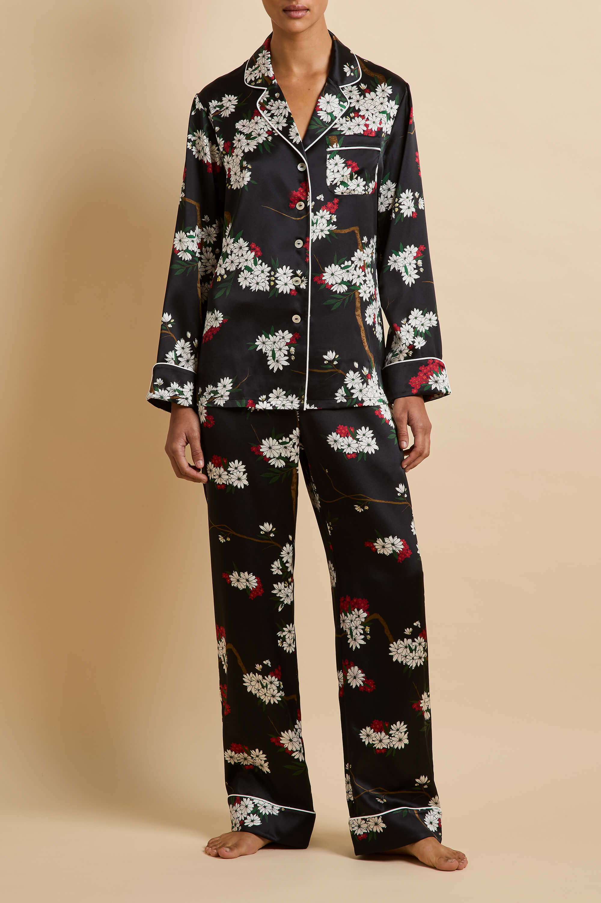 Lila René Black Blossom Pyjamas in Silk Satin