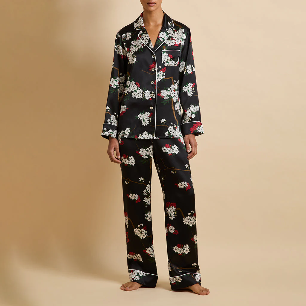 Lila René Black Blossom Pyjamas in Silk Satin - Image 2
