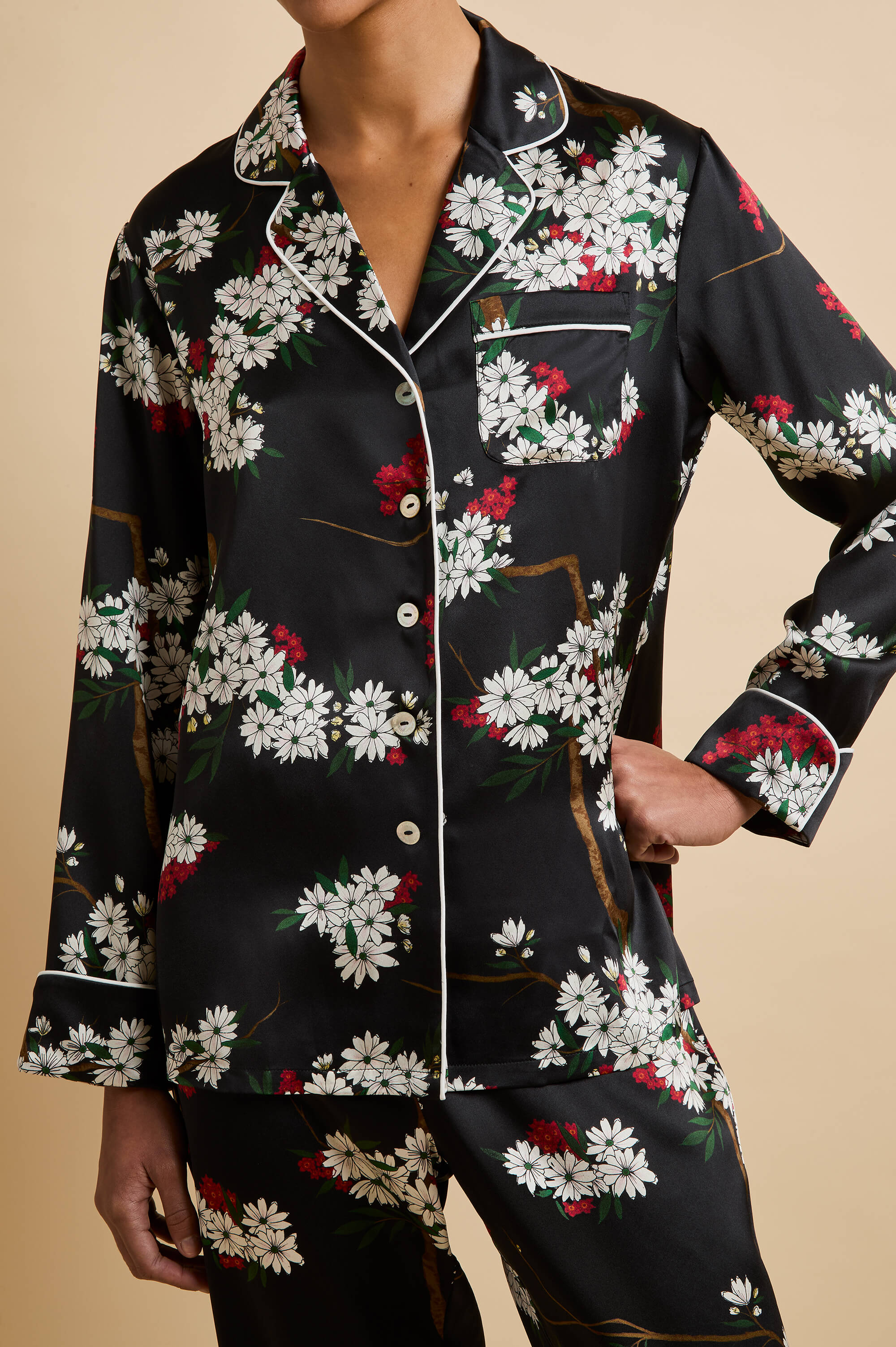 Lila René Black Blossom Pyjamas in Silk Satin - Image 3