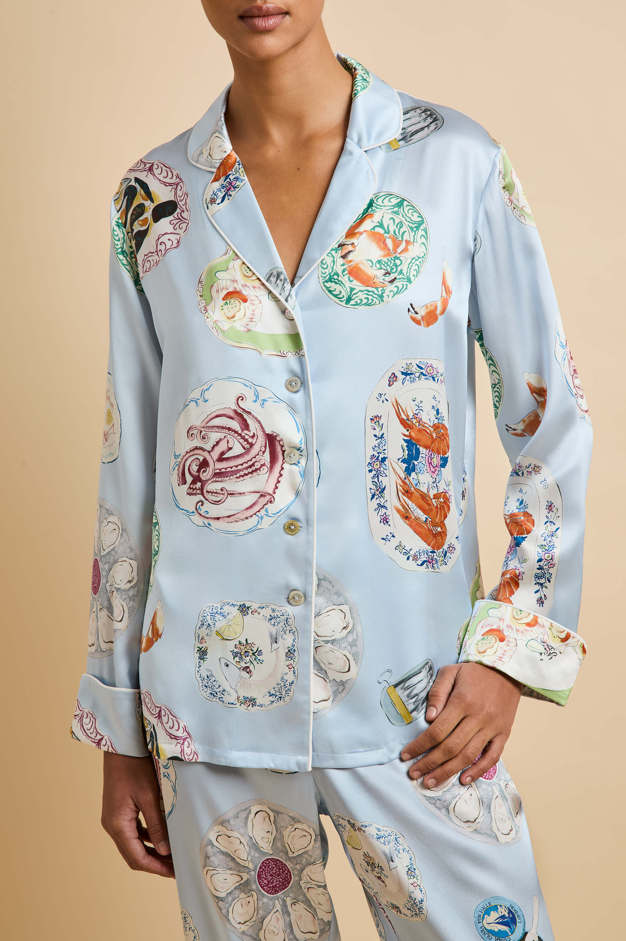 Lila Cadiz Blue Seafood Pyjamas in Silk Satin - Image 3