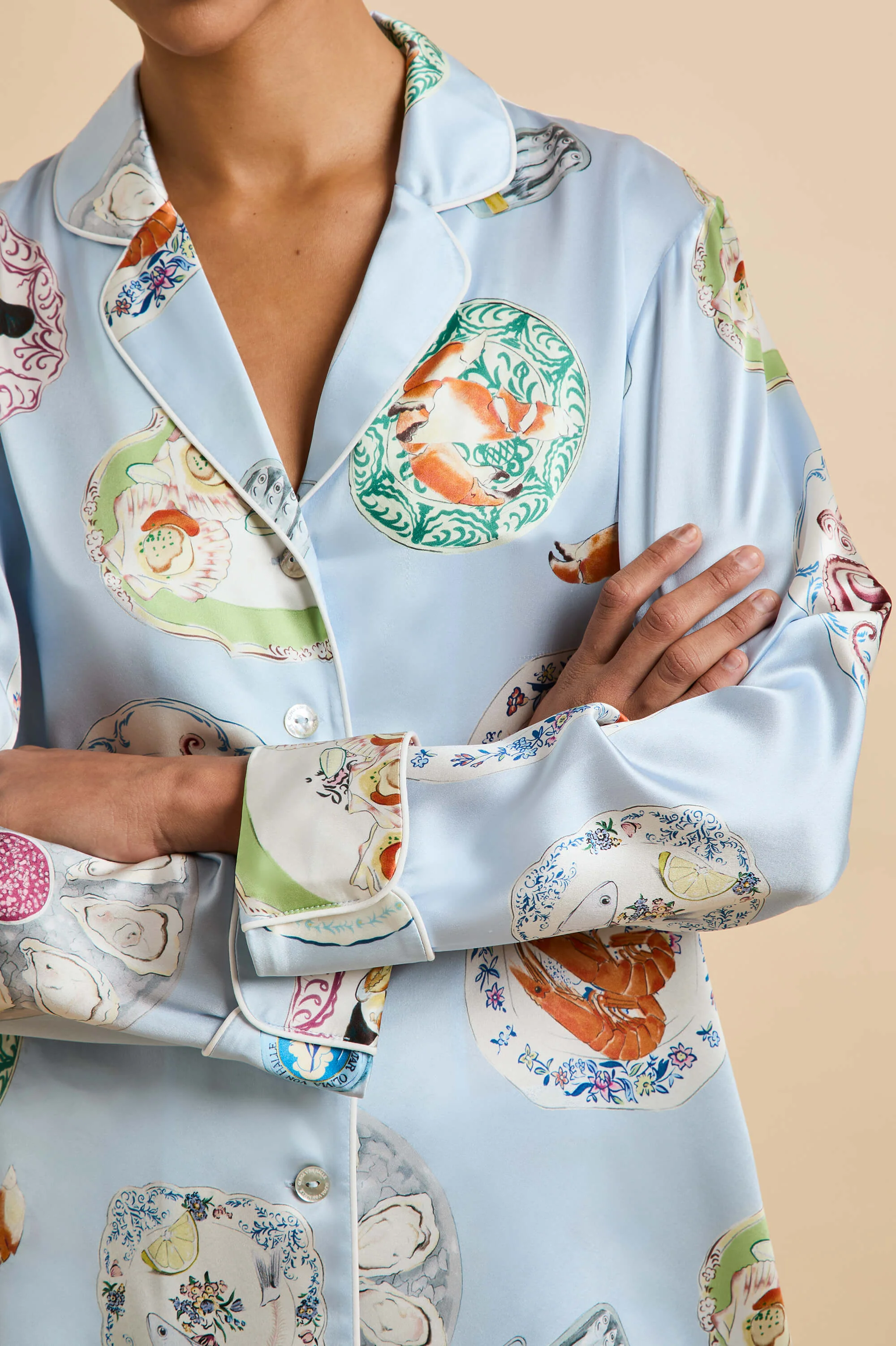 Lila Cadiz Blue Seafood Pyjamas in Silk Satin - Image 4