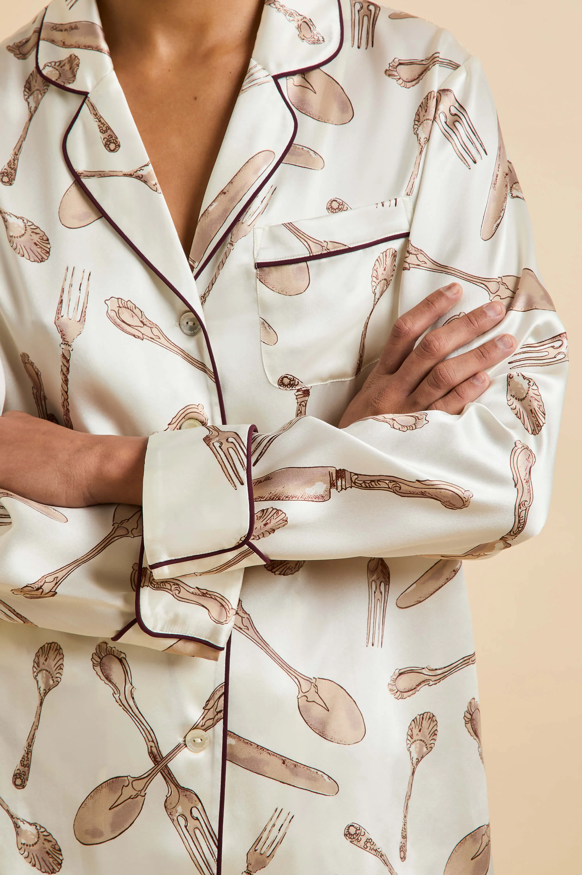 Lila Sevilla Cream Silverware Pyjamas in Silk Satin - Image 3