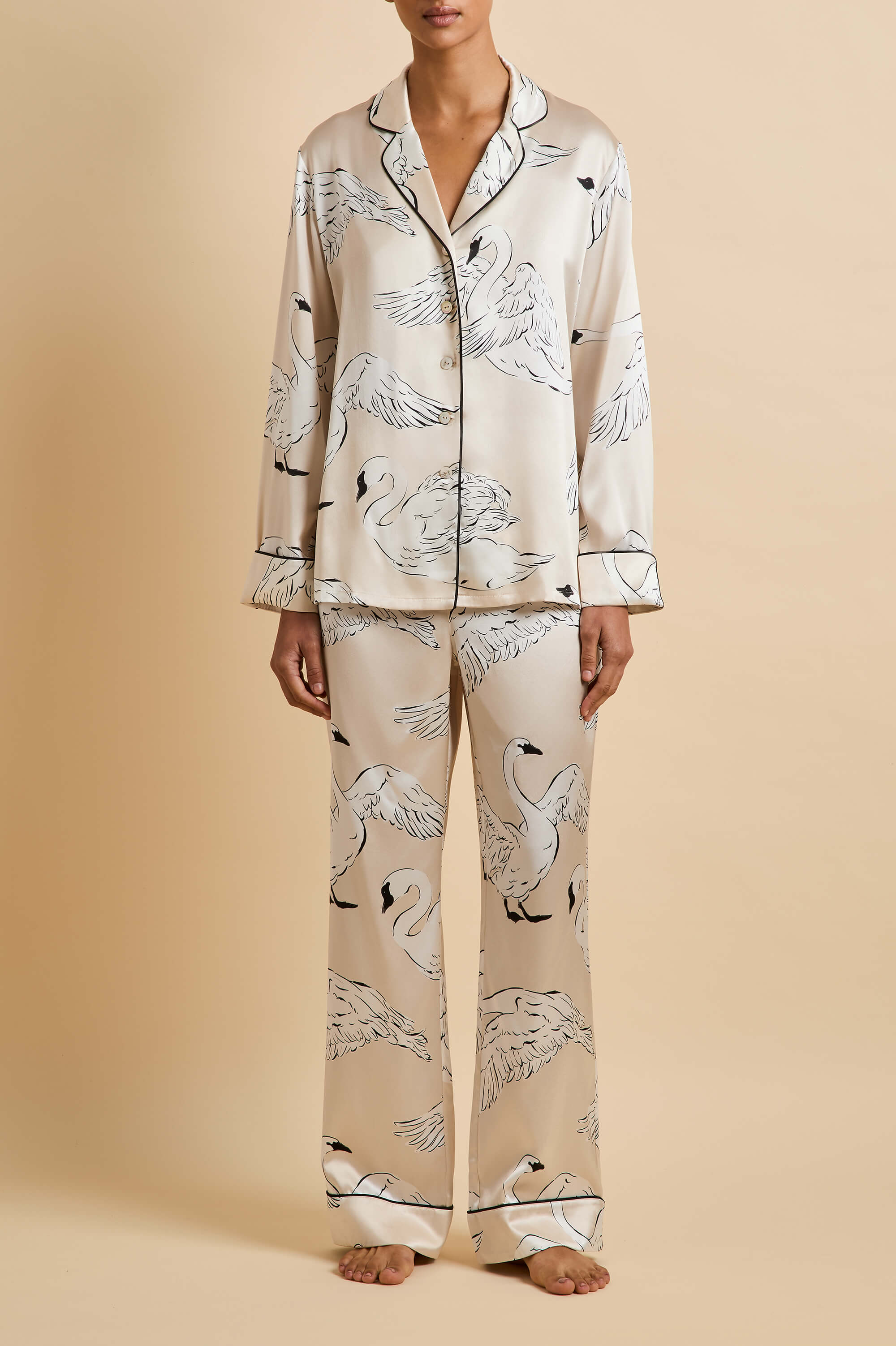 Lila Blanca Cream Swan Pyjamas in Silk Satin