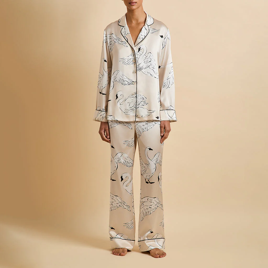 Lila Blanca Cream Swan Pyjamas in Silk Satin - Image 2