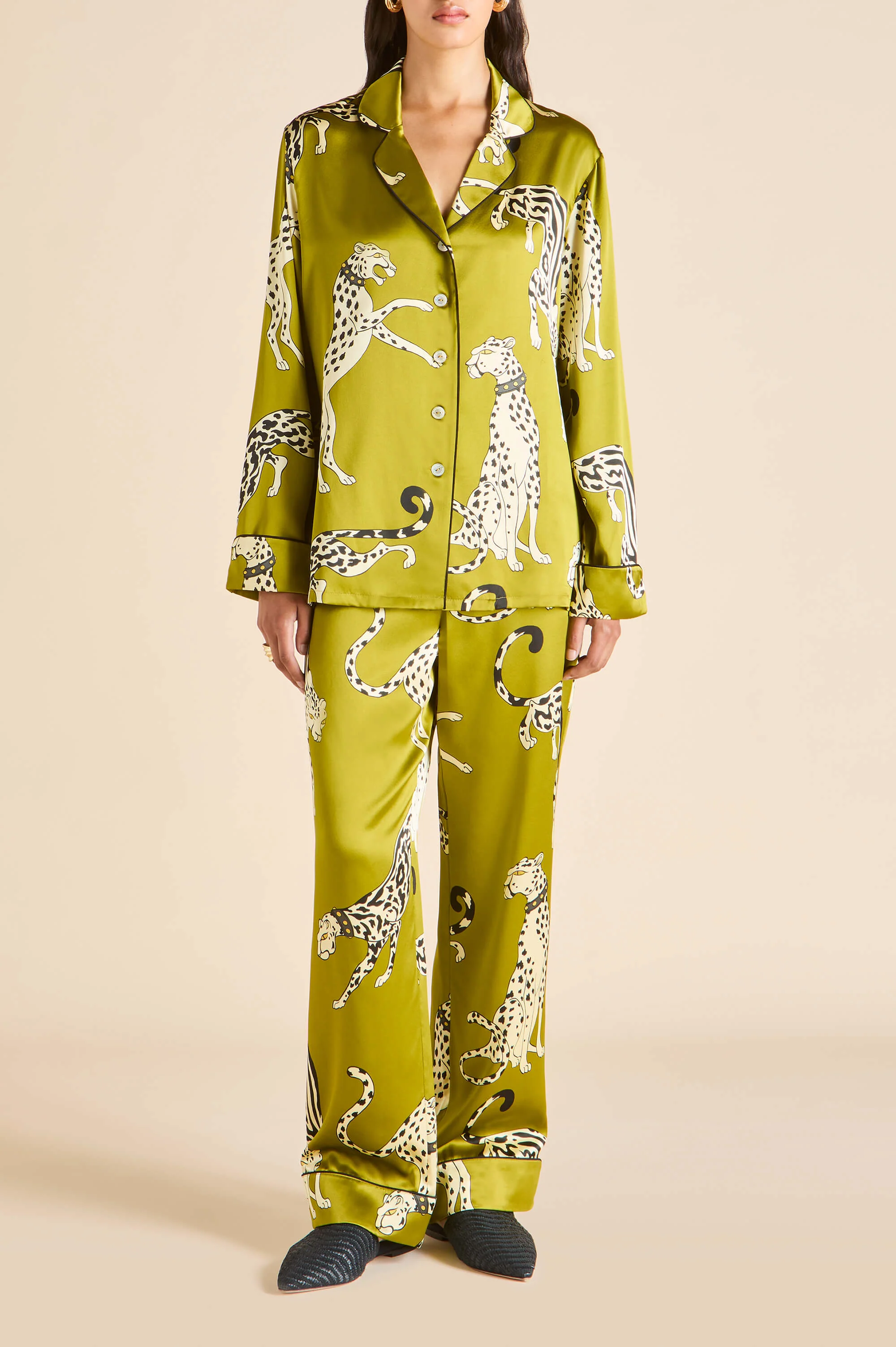 Lila Chanson Green Leopard Pyjamas in Silk Satin