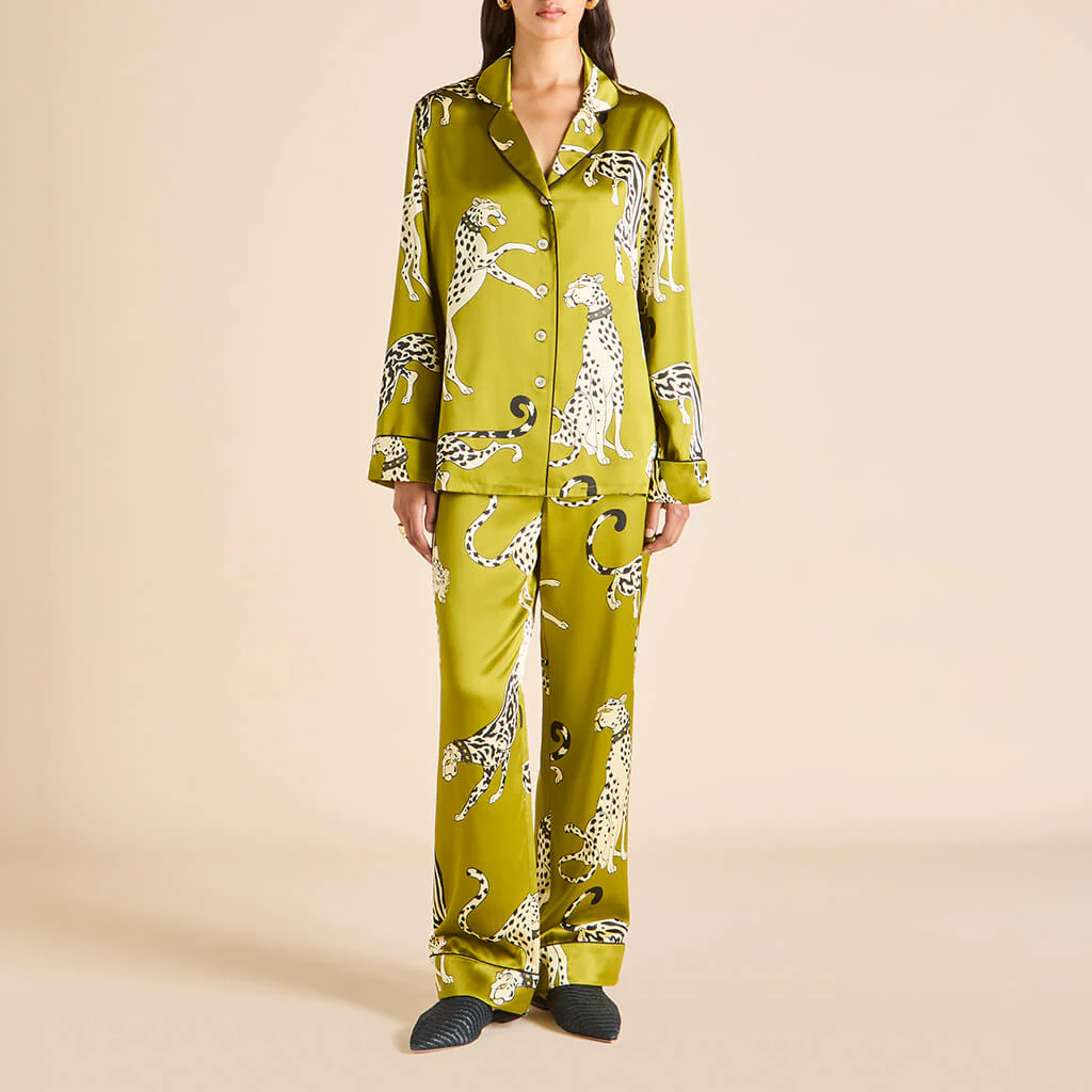 Lila Chanson Green Leopard Pyjamas in Silk Satin - Image 2