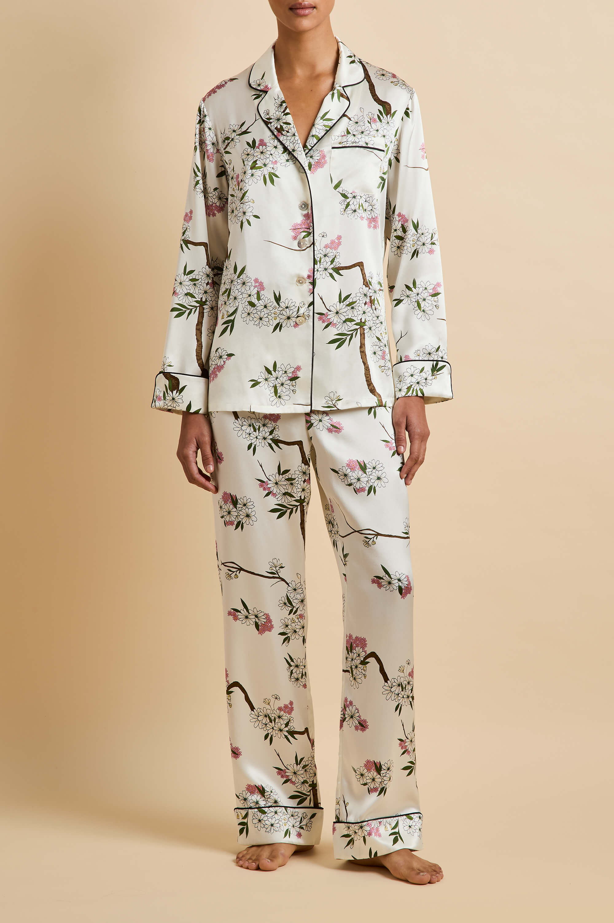 Lila Ana Ivory Blossom Pyjamas in Silk Satin