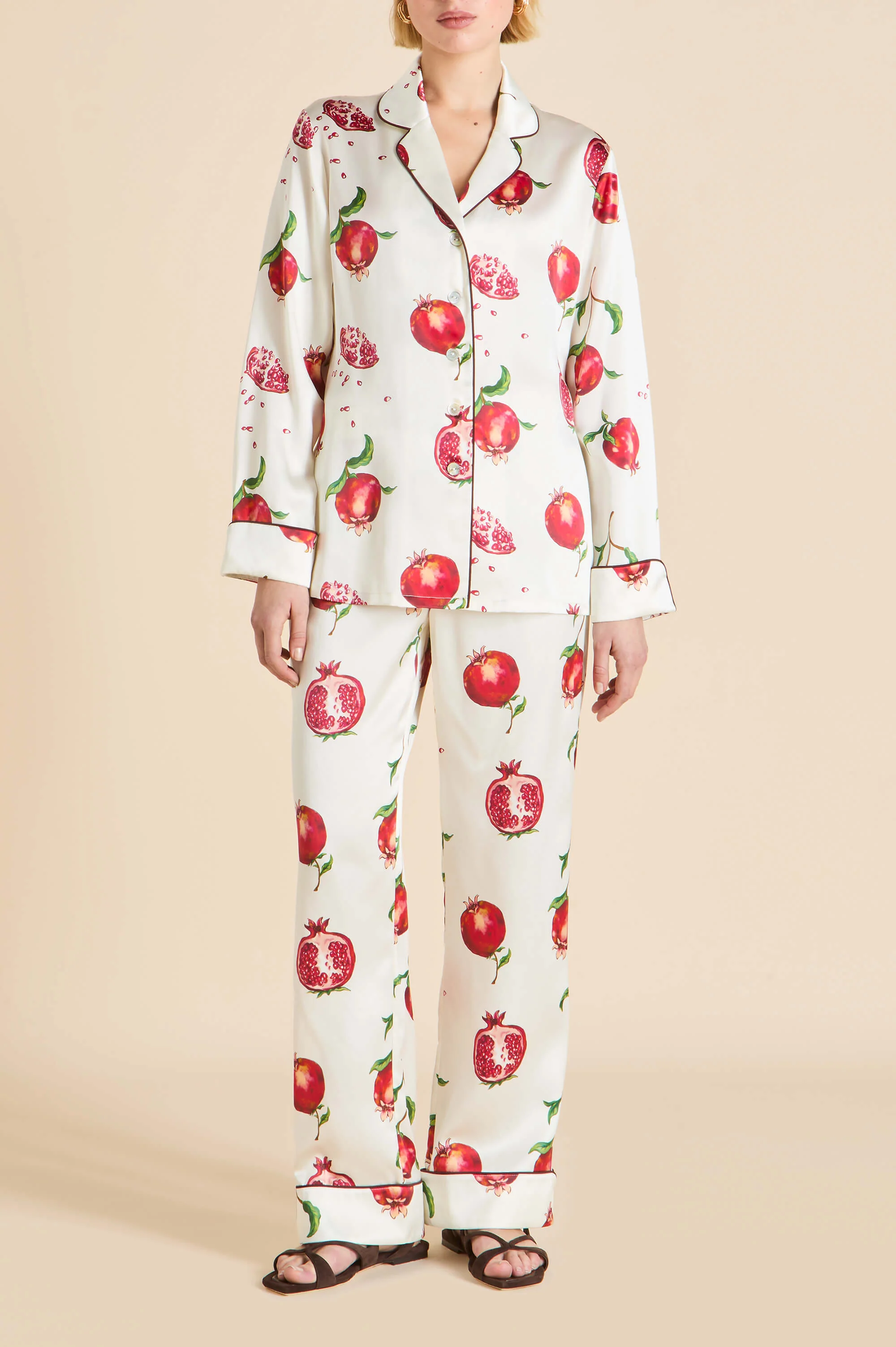 Lila Allegra Ivory Pomegranate Pyjamas in Silk Satin