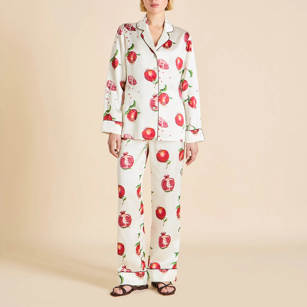 Lila Allegra Ivory Pomegranate Pyjamas in Silk Satin - Image 2