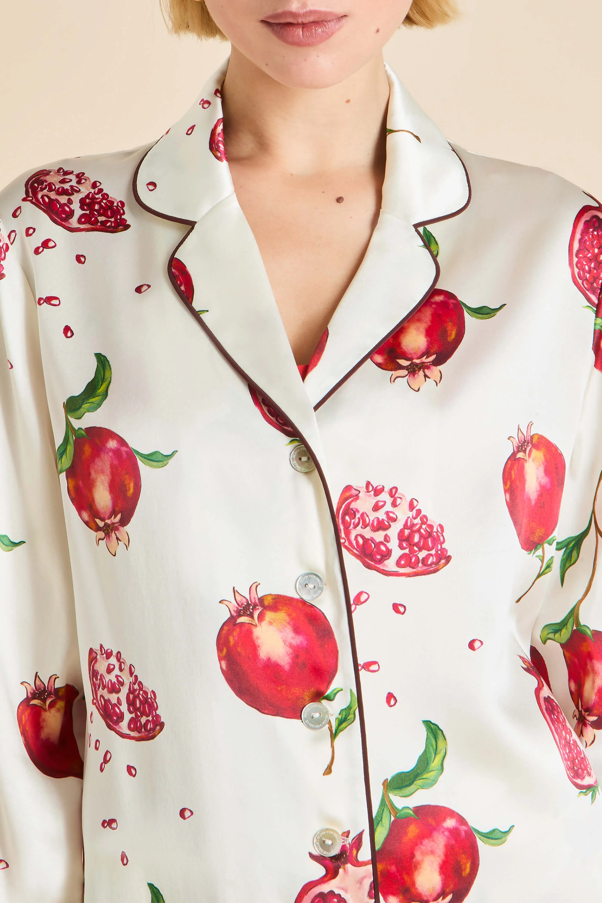 Lila Allegra Ivory Pomegranate Pyjamas in Silk Satin - Image 3