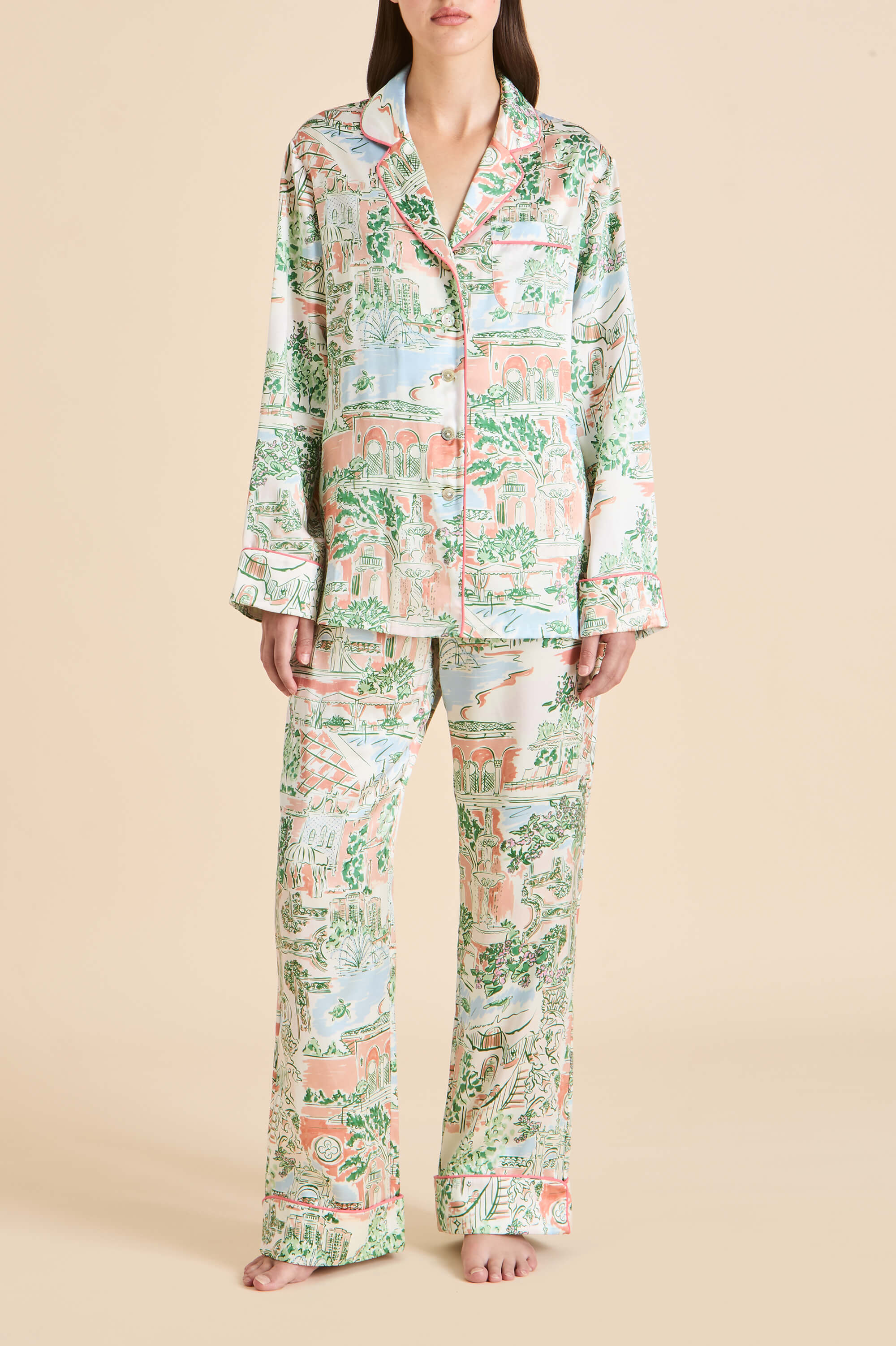 Lila Mansion Peach Landscape Pyjamas in Silk Satin